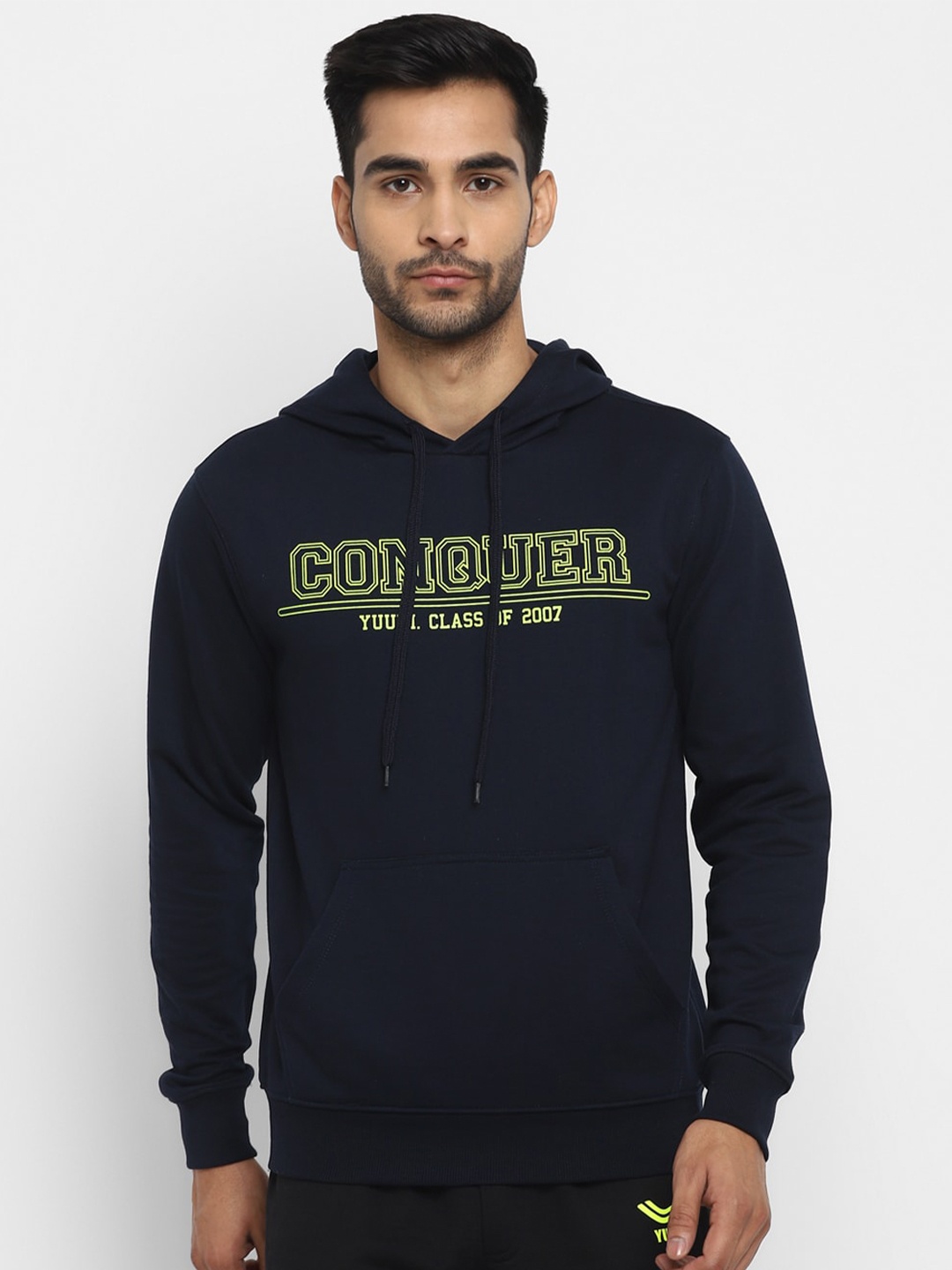 

Yuuki Men Navy Blue Printed Hooded Sweatshirt