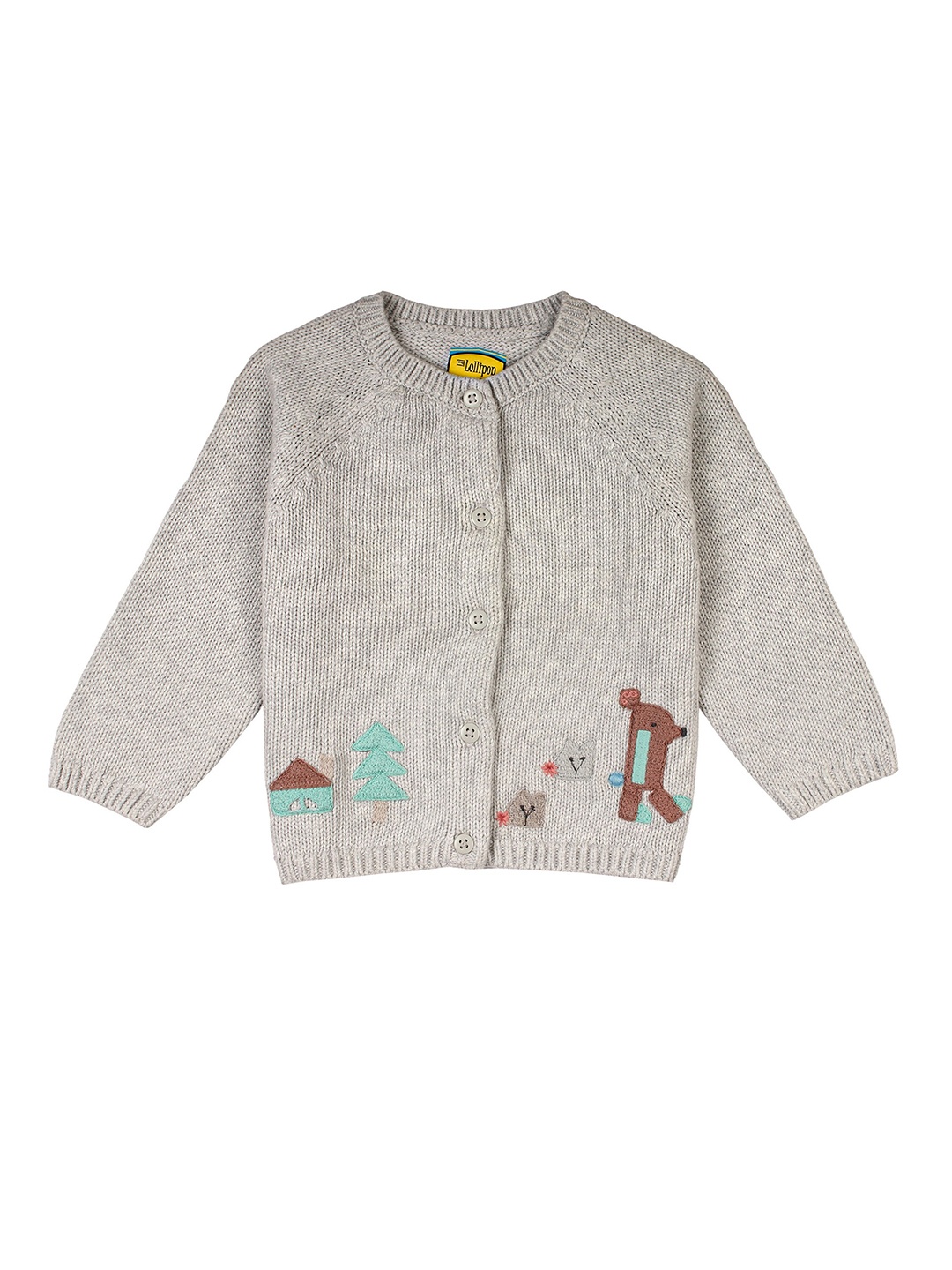 

Lil Lollipop Kids Grey & Brown Embroidered Pure Cotton Cardigan