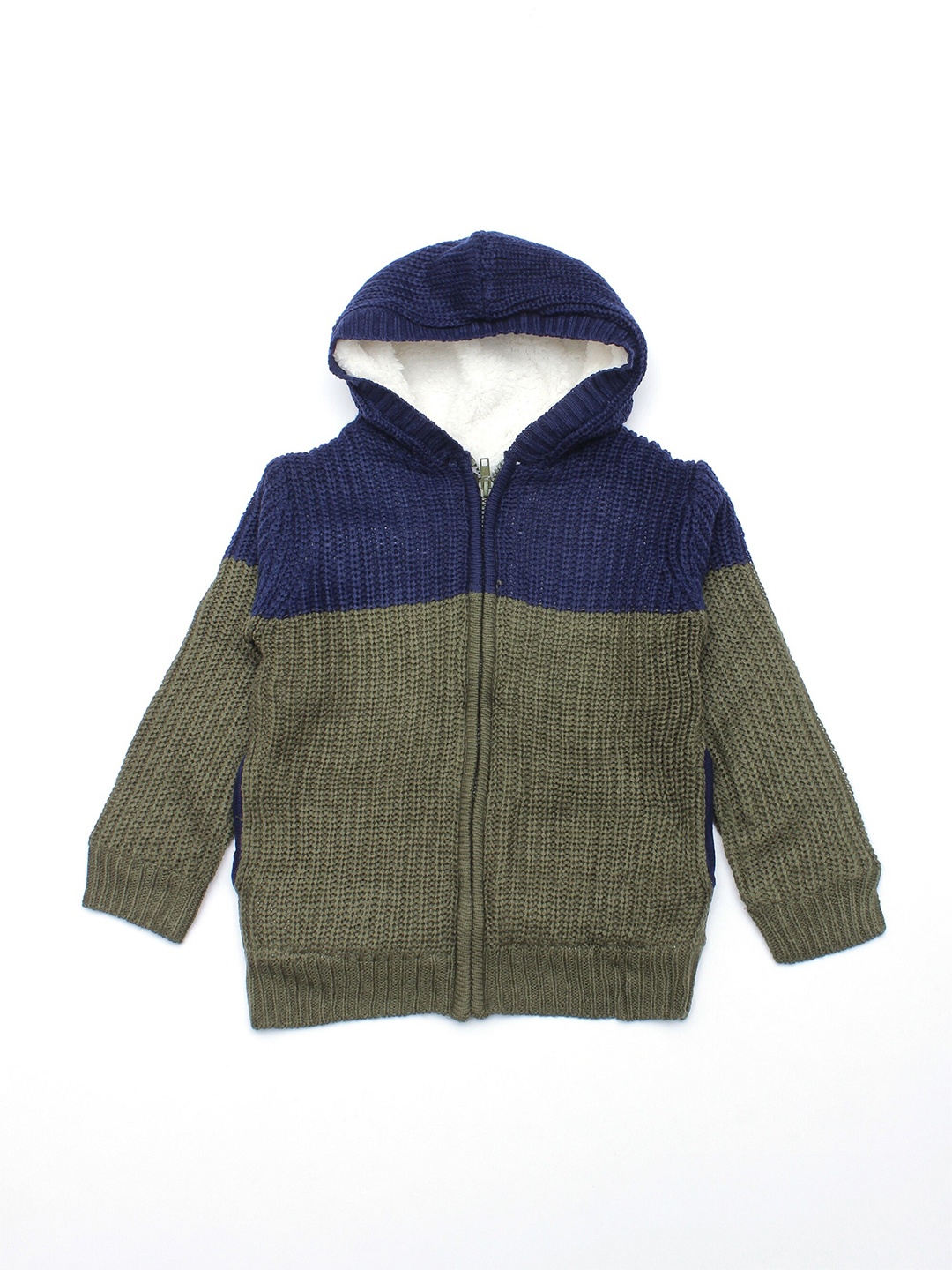 

Lil Lollipop Kids Olive Green & Navy Blue Colourblocked Pure Cotton Cardigan