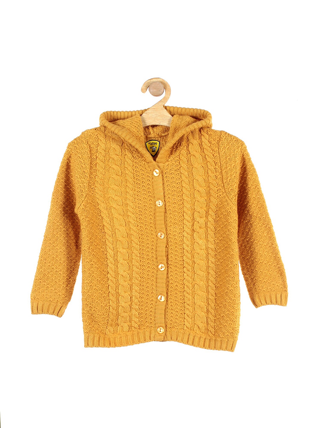 

Lil Lollipop Unisex Kids Mustard Self Design Hooded Pure Cotton Cardigan