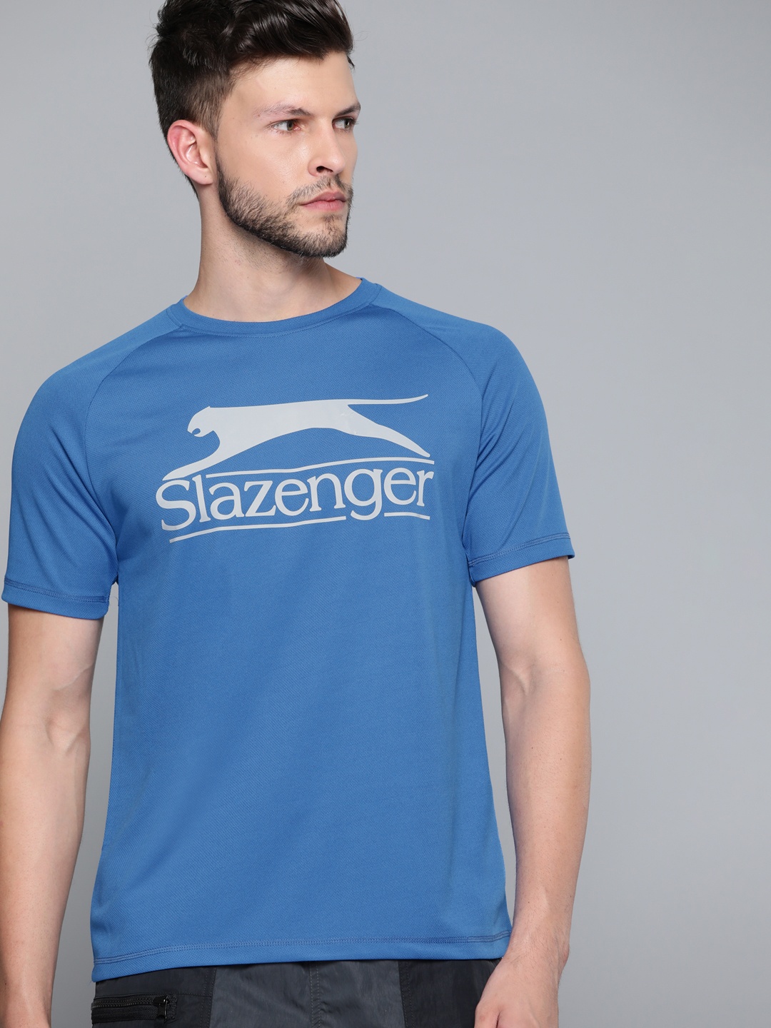 

Slazenger Men Blue & Grey Brand Logo Printed Ultra-Dry Technology T-shirt