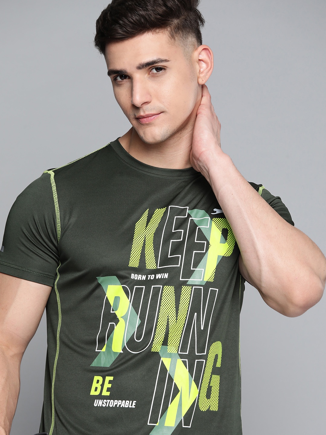 

Slazenger Men Olive Green Typography Printed Ultra-Dry Running T-shirt
