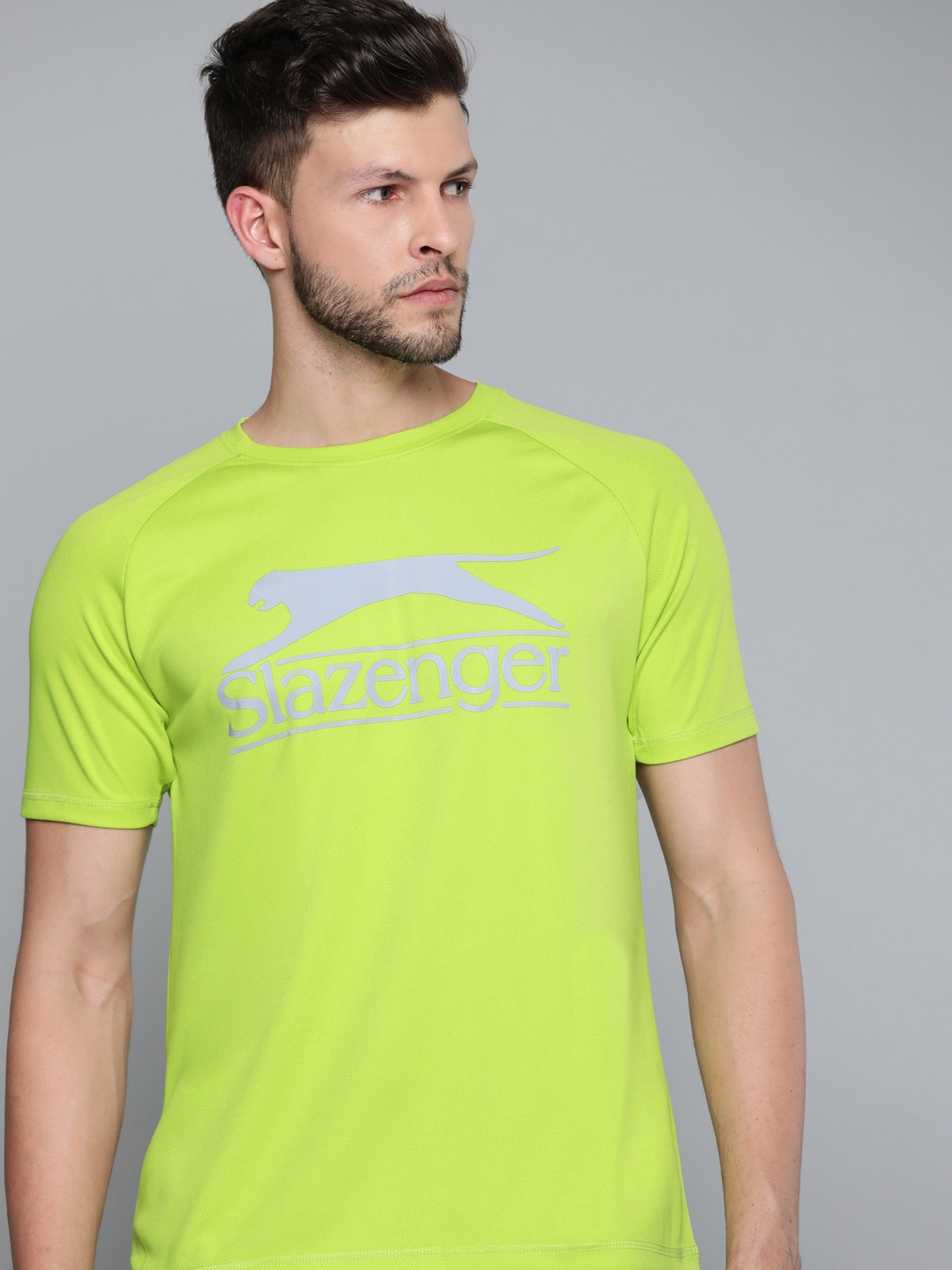 

Slazenger Men Fluorescent Green & Grey Brand Logo Printed Ultra-Dry Technology T-shirt