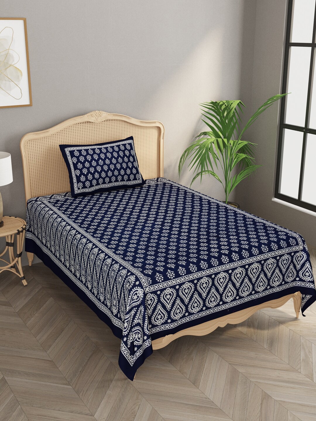 

Gulaab Jaipur Blue & White Ethnic Motifs 400 TC Single Bedsheet with 1 Pillow Covers