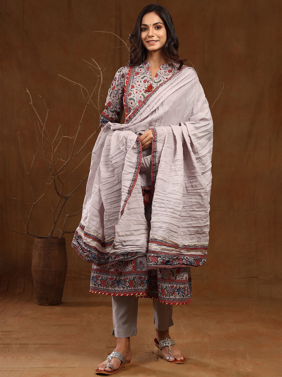 

Juniper Floral Printed Mandarin Collar Pure Cotton A-Line Kurta & Trousers With Dupatta, Grey