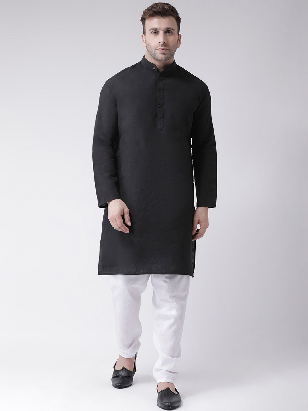 

KHADIO Men Black & White Pure Cotton Kurta With Pyjamas
