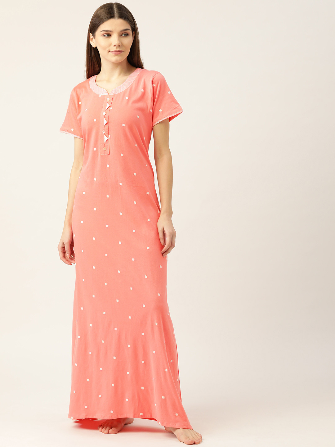 

Sweet Dreams Peach-Coloured Printed Pure Cotton Maxi Nightdress