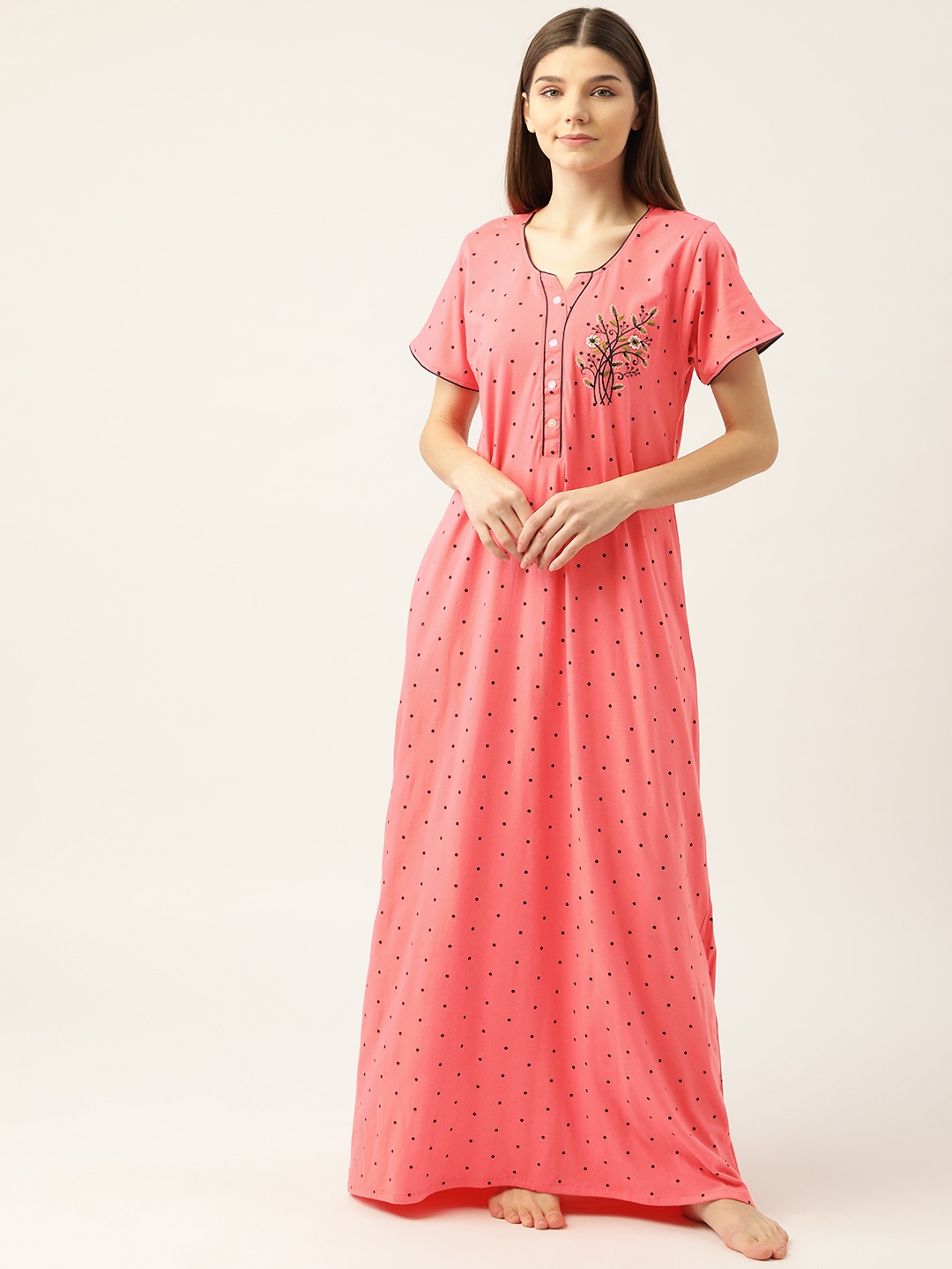 

Sweet Dreams Women Pink Pure Cotton Polka Dots Printed Maxi Nightdress