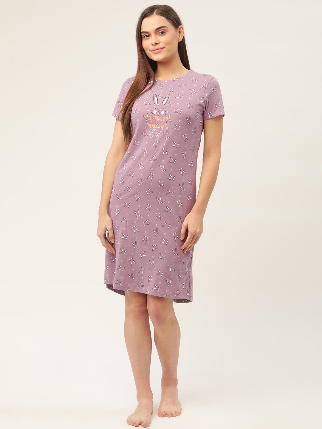 

Sweet Dreams Solid Mauve & White Printed Pure Cotton Nightdress