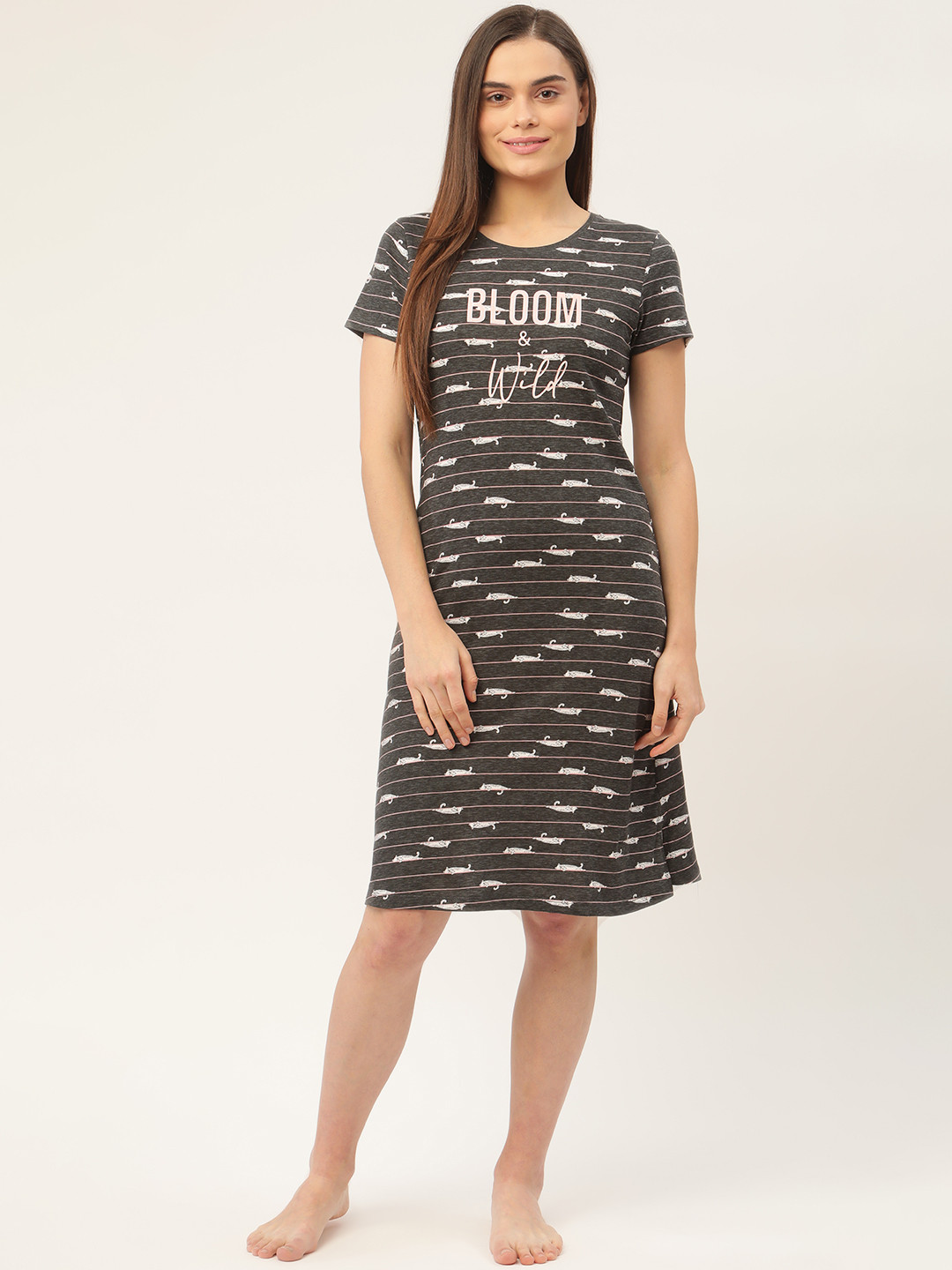

Sweet Dreams Charcoal Grey & Pink Striped Pure Cotton Nightdress