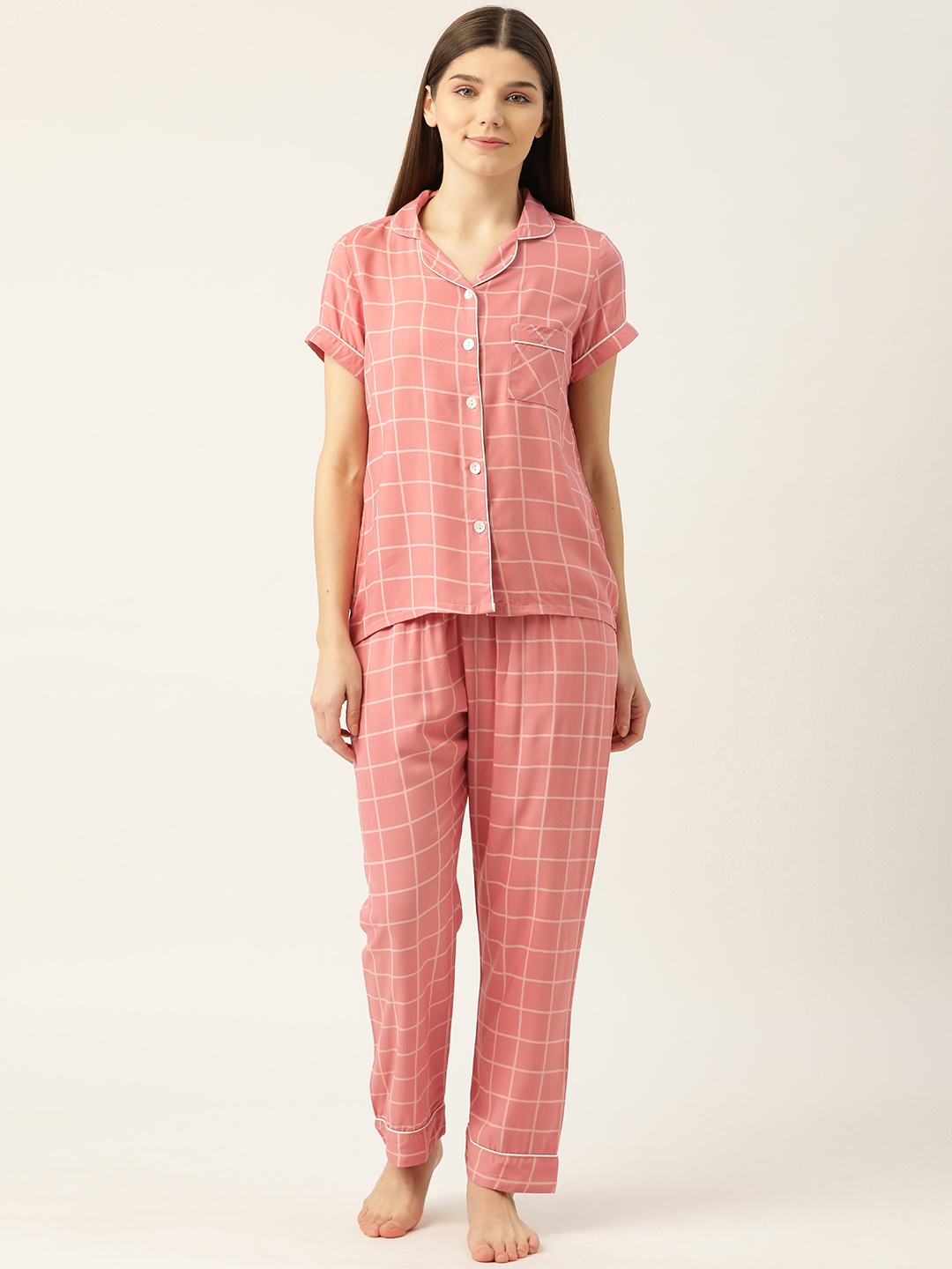

Sweet Dreams Women Peach-Coloured Checked Night suit