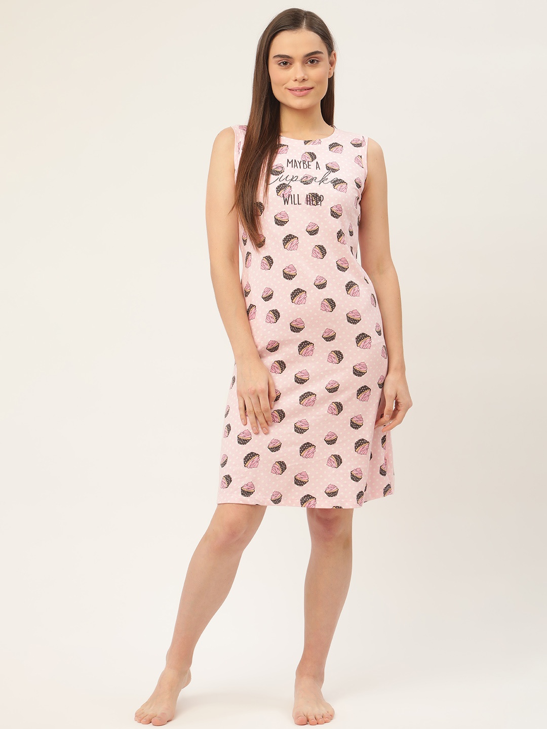 

Sweet Dreams Pink & Charcoal Grey Printed Pure Cotton Nightdress
