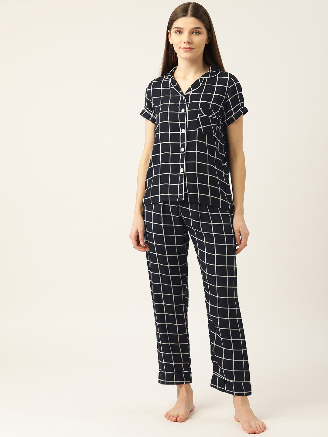 

Sweet Dreams Women Navy Blue Checked Night suit
