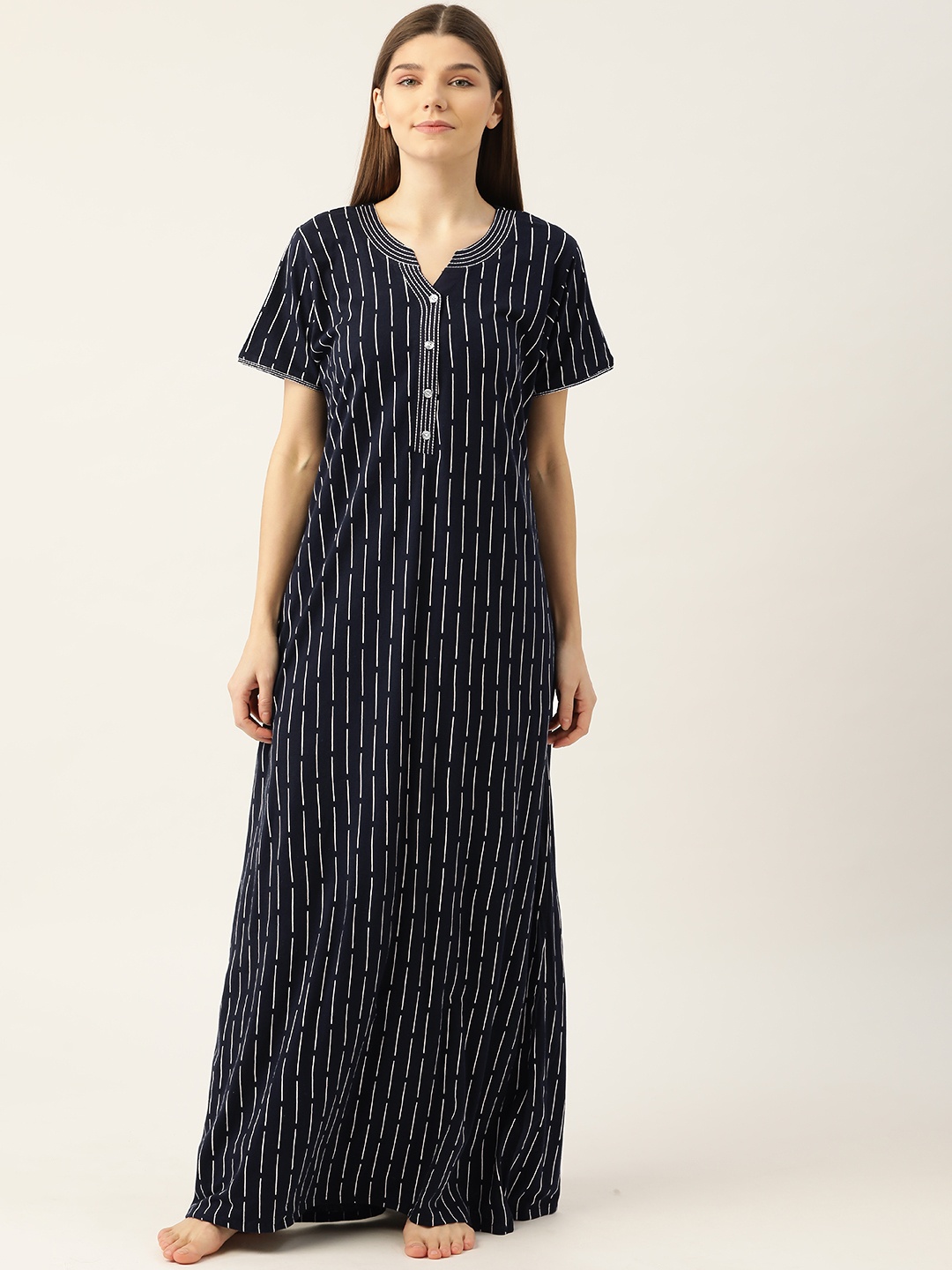 

Sweet Dreams Women Navy Blue Pure Cotton Striped Maxi Nightdress