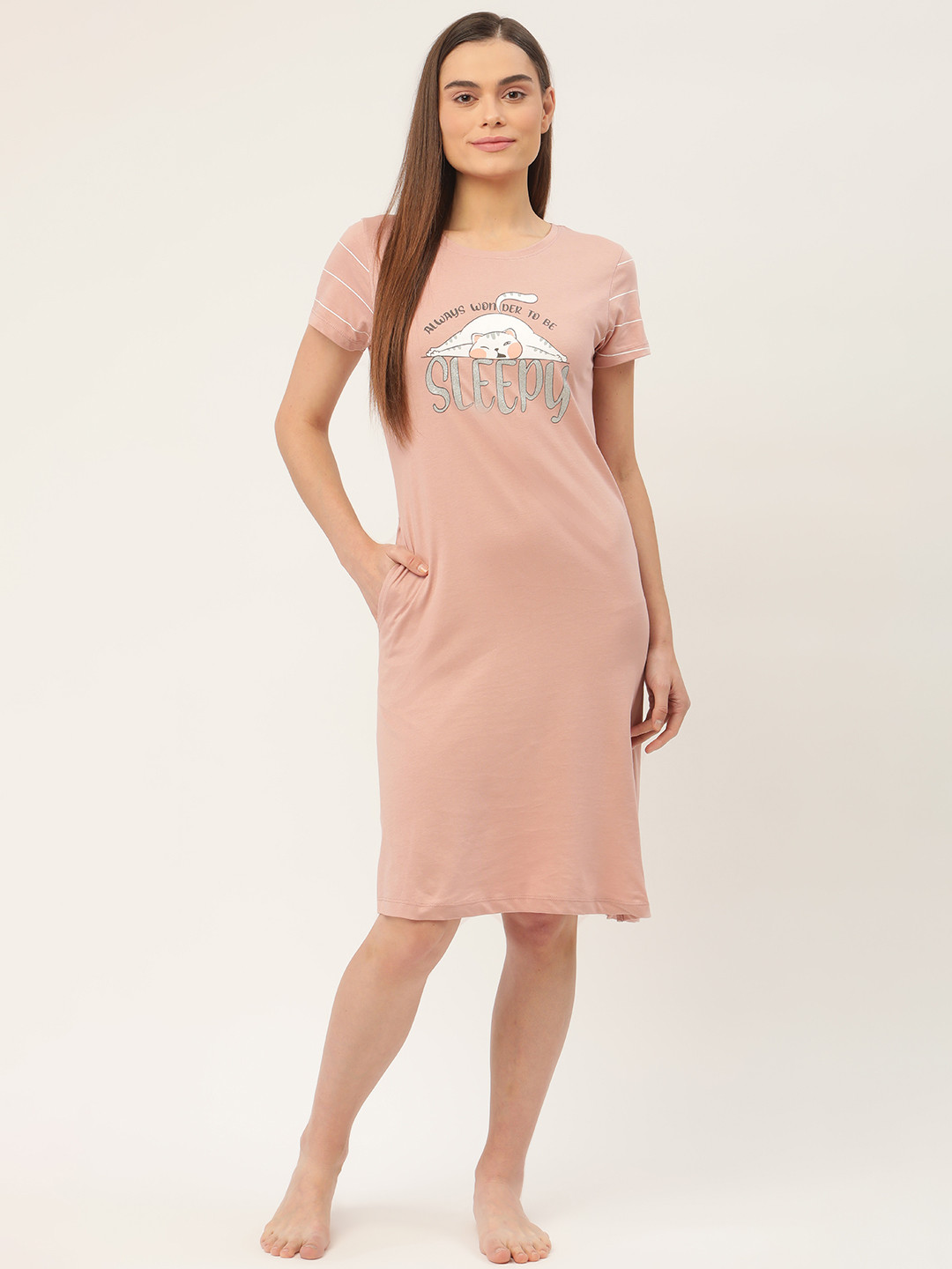 

Sweet Dreams Peach-Coloured & White Printed Pure Cotton Nightdress