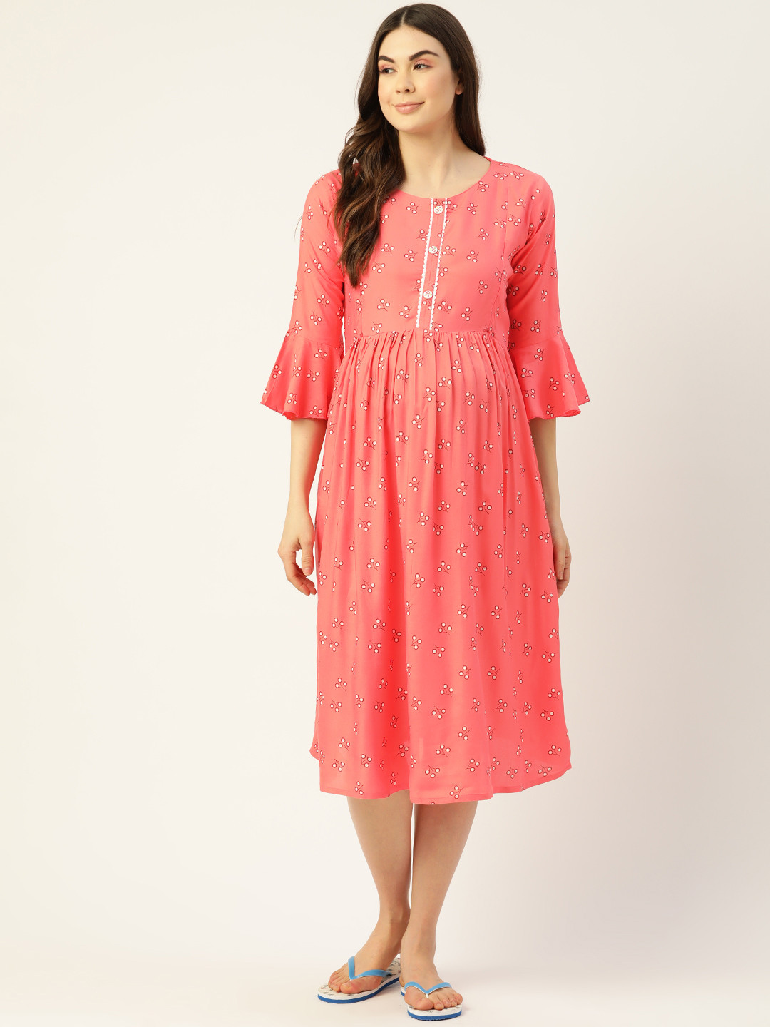 

Sweet Dreams Women Peach-Coloured Floral Printed Maternity Nightdress