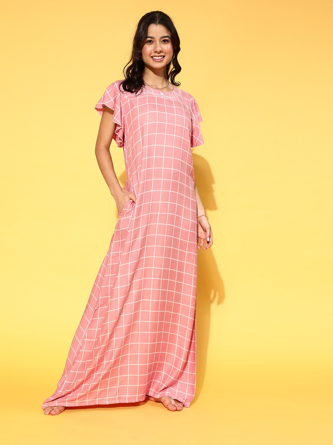

Sweet Dreams Women Pink Checked Maxi Nightdress