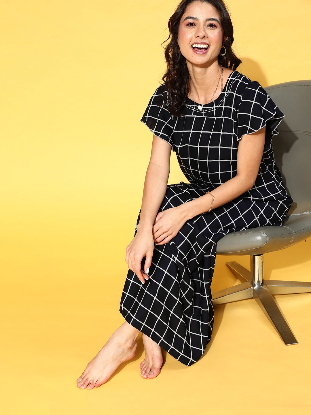 

Sweet Dreams Women Black & White Checked Maxi Nightdress