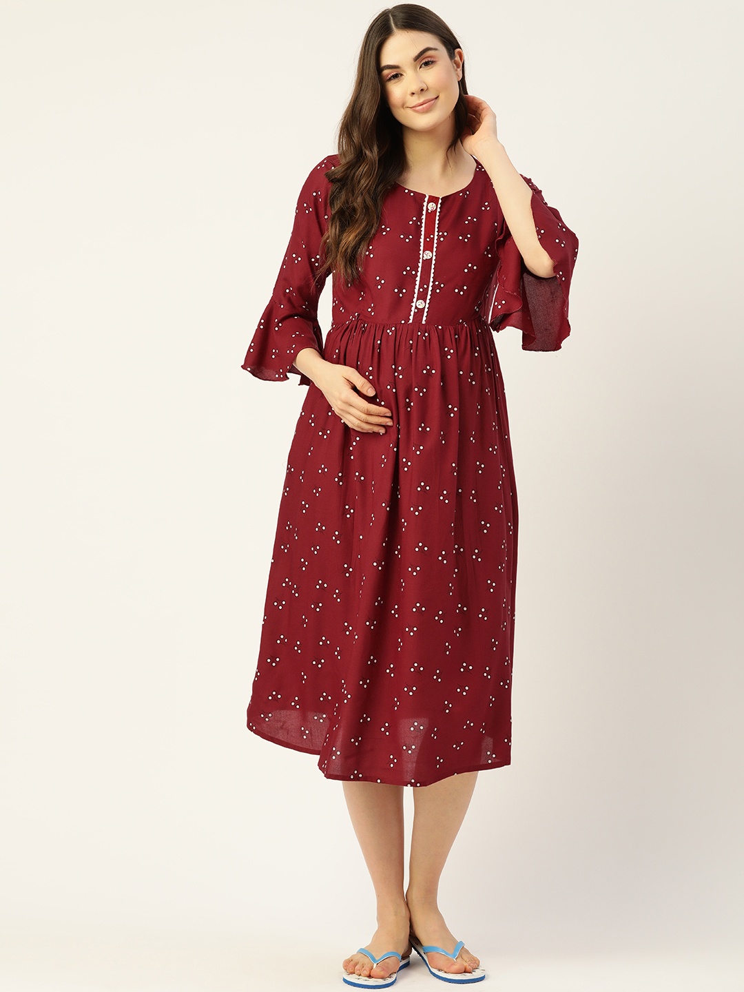 

Sweet Dreams Maroon & White Printed Nursing Maternity Nightdress