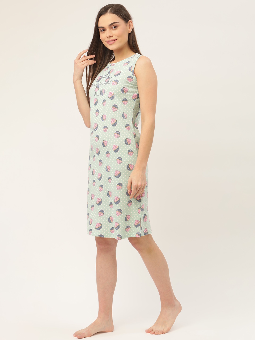 

Sweet Dreams Green & Navy Blue Printed Pure Cotton Nightdress