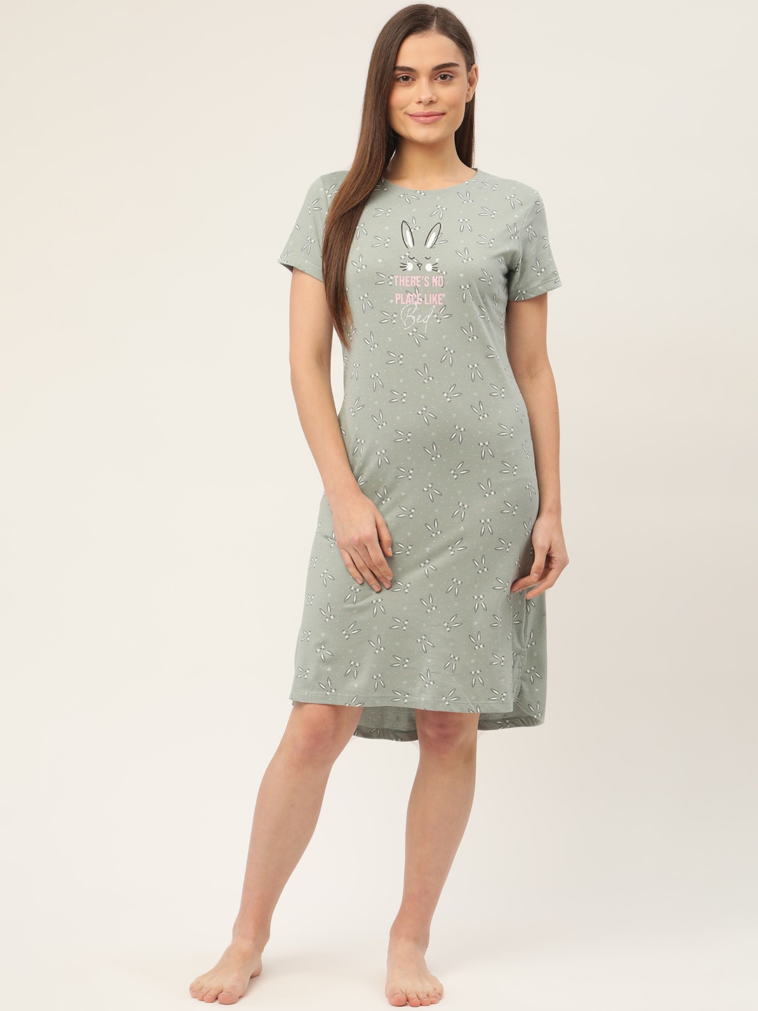

Sweet Dreams Green & Black Printed Pure Cotton Nightdress