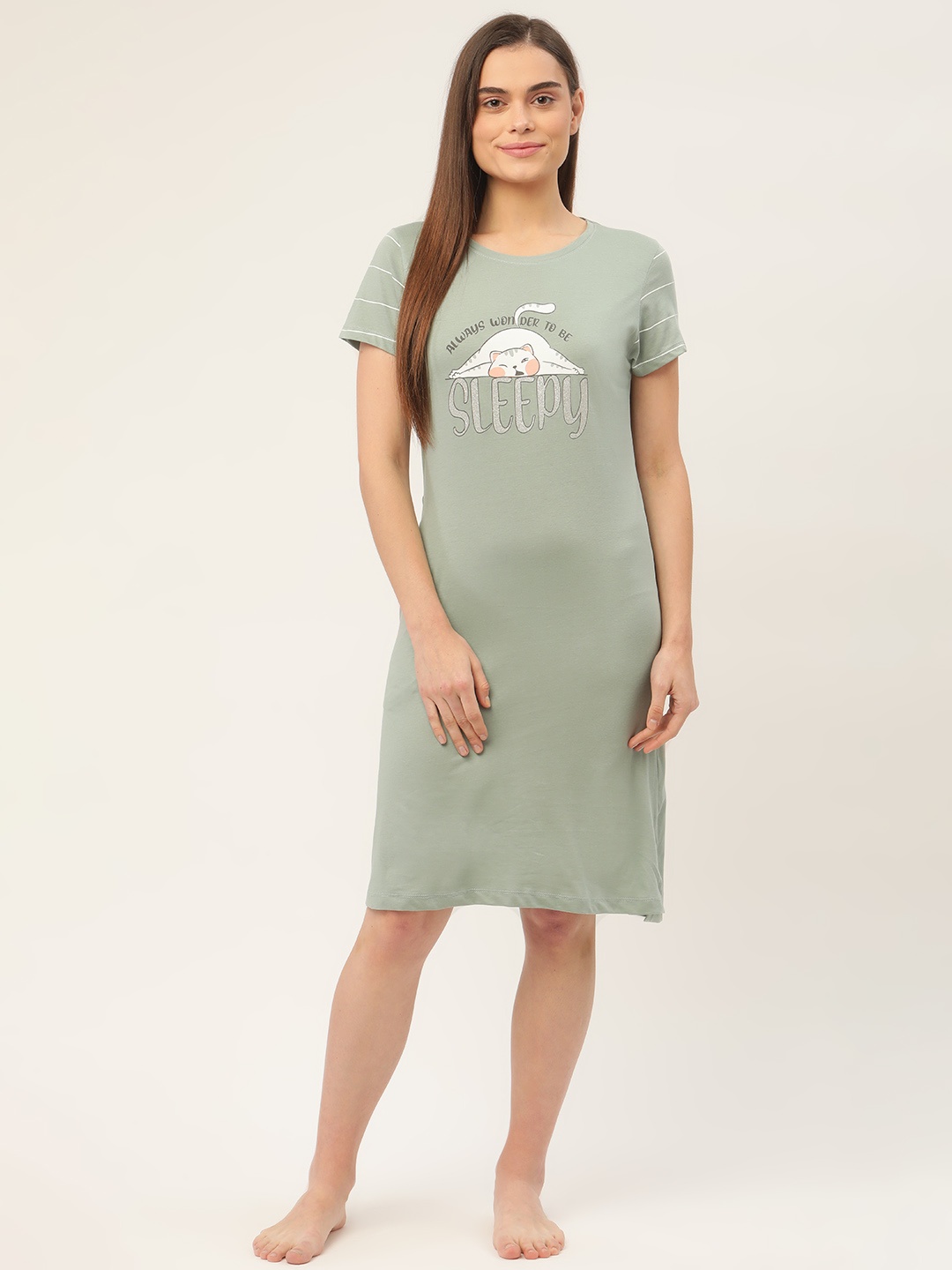 

Sweet Dreams Green Pure Cotton Printed T-shirt Nightdress