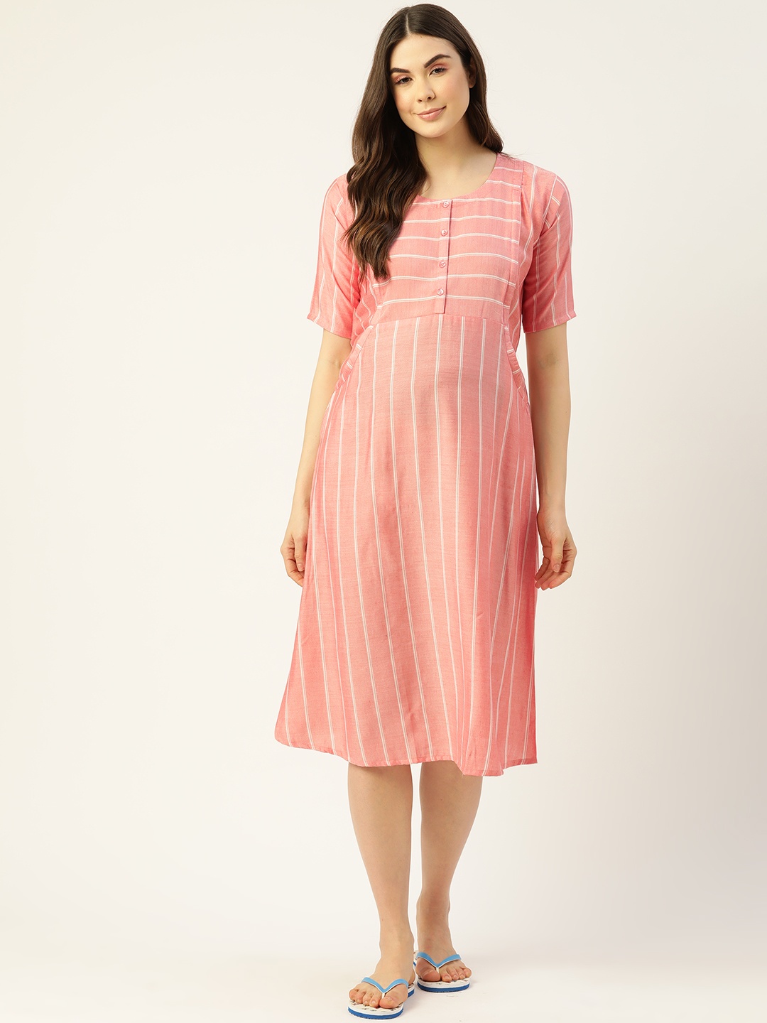 

Sweet Dreams Women Peach-Coloured Striped Maternity Nightdress