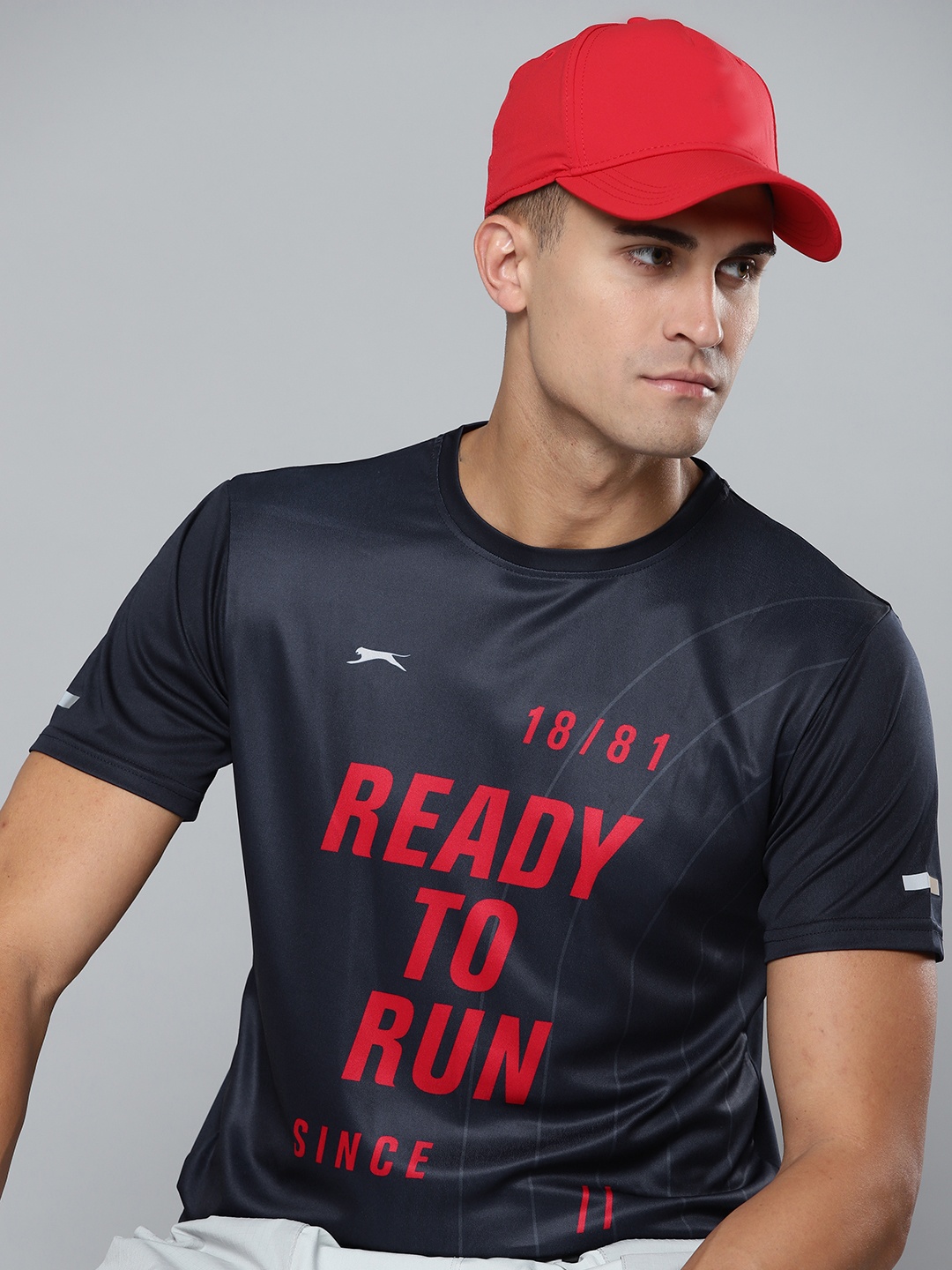

Slazenger Men Navy Blue & Red Typography Printed Running T-shirt