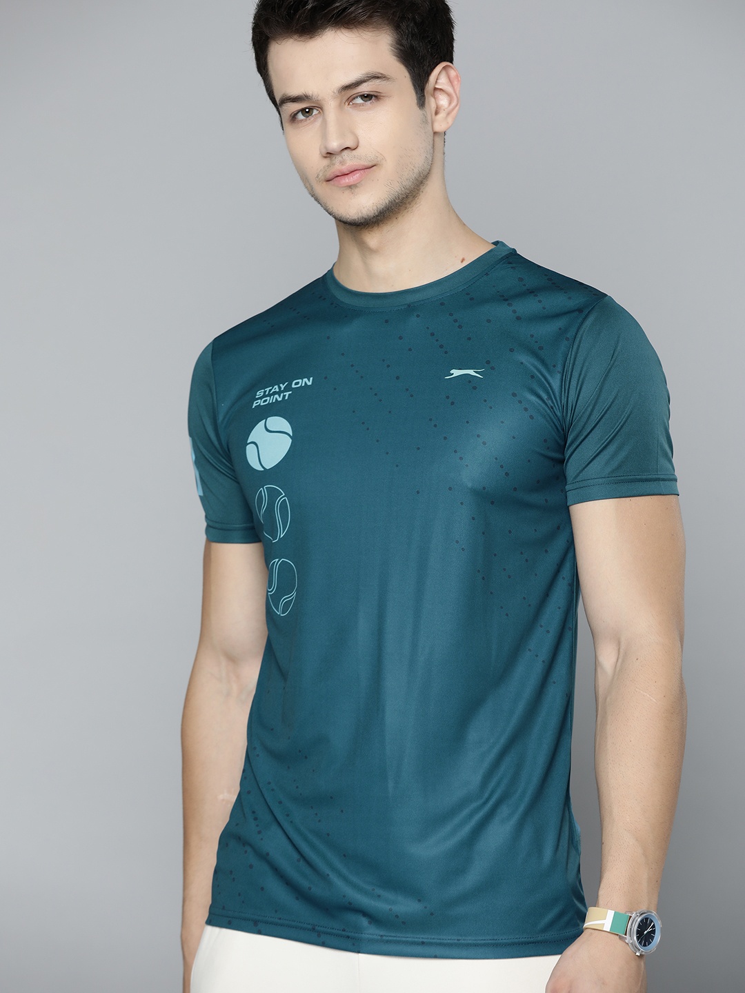 

Slazenger Men Teal Blue Sports Printed T-shirt