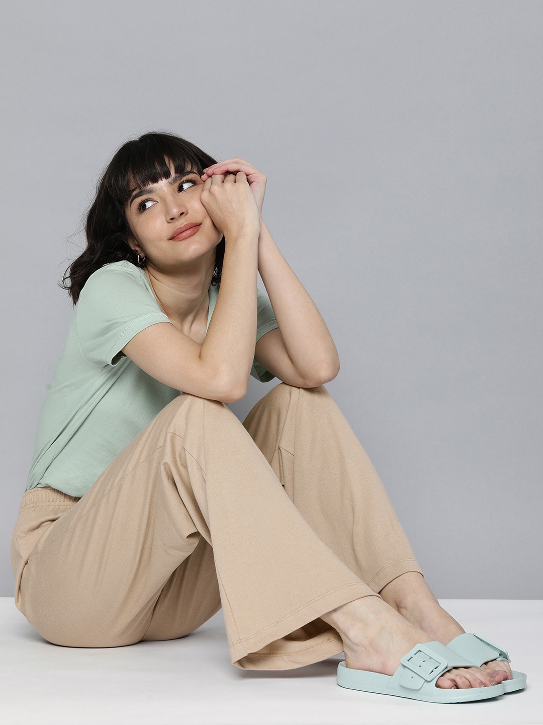 

HERE&NOW Women Peach-Coloured Solid Cotton Lounge Pants
