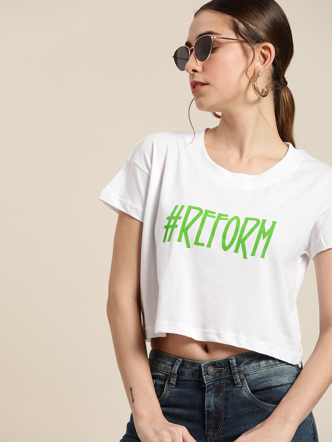 

Moda Rapido Women White & Green Typography Printed Pure Cotton T-shirt