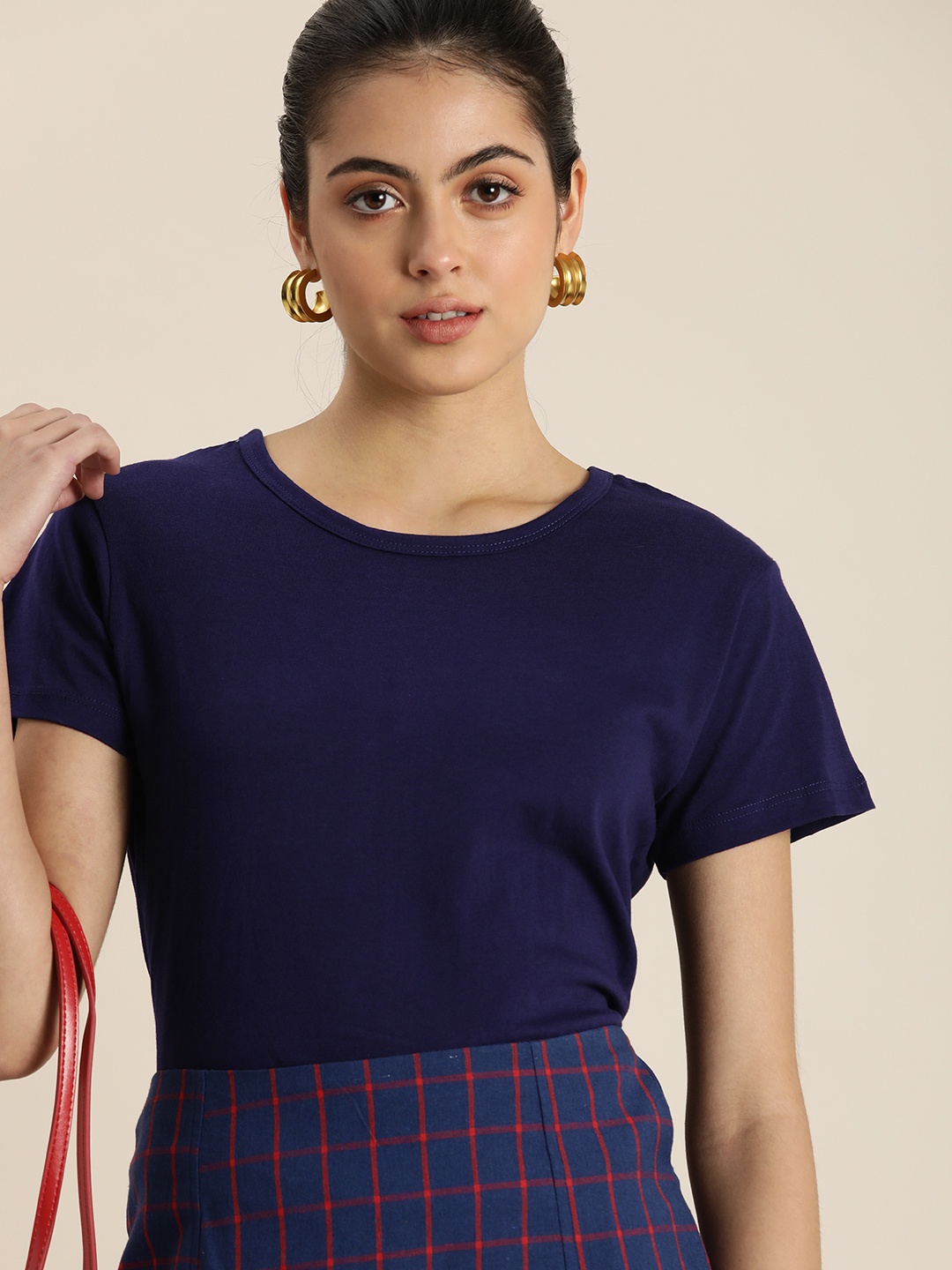 

Moda Rapido Women Navy Blue Solid Pure Cotton T-shirt