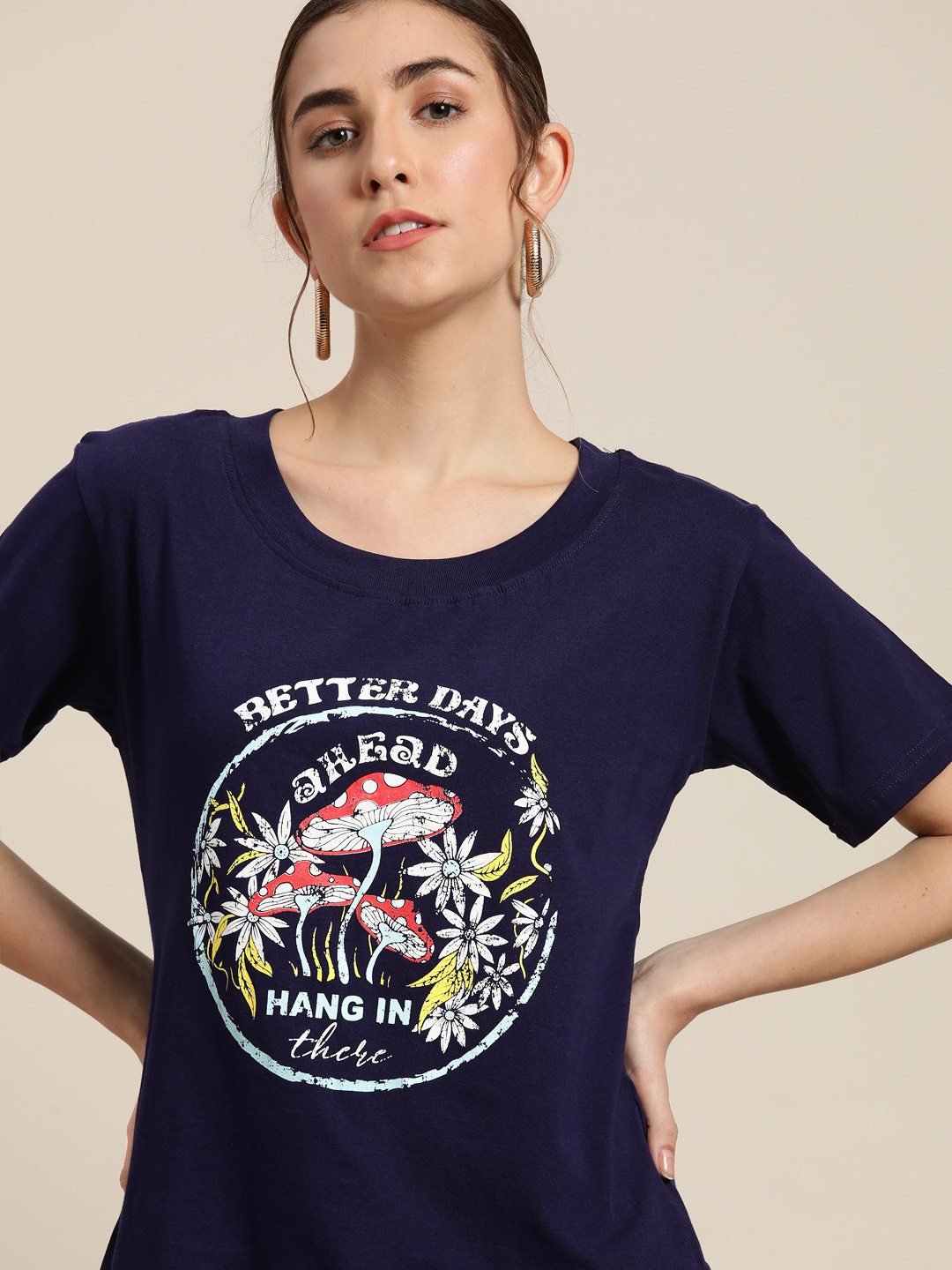 

Moda Rapido Women Navy Blue Typography Printed Pure Cotton T-shirt