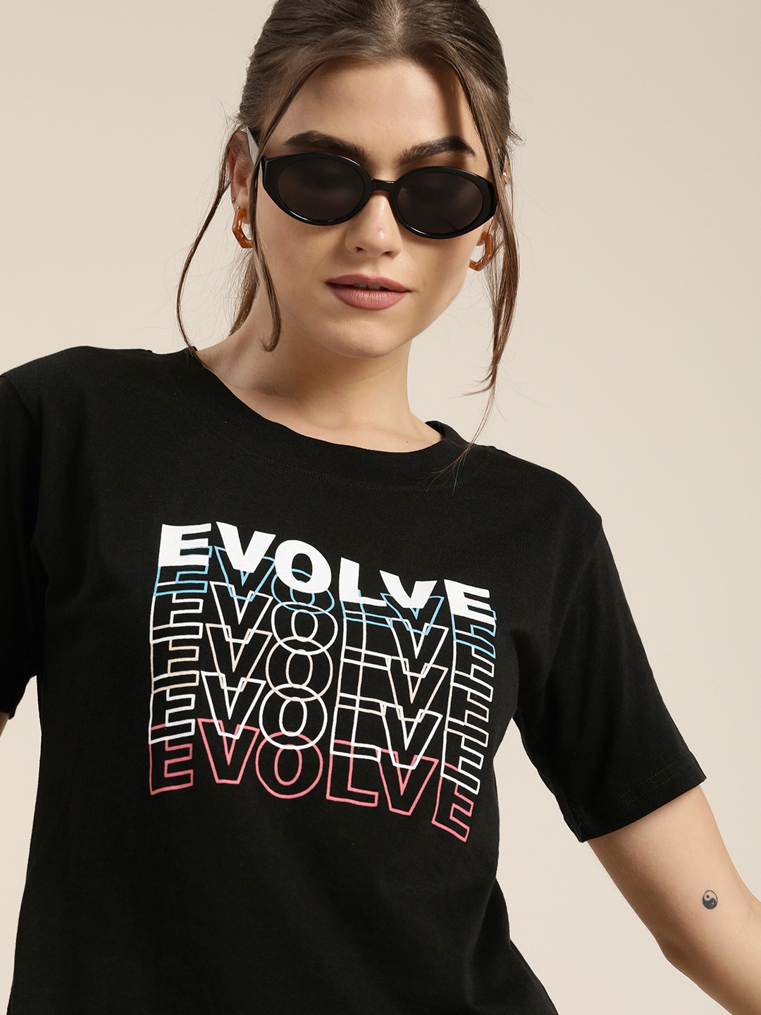 

Moda Rapido Women Black Typography Printed Pure Cotton T-shirt