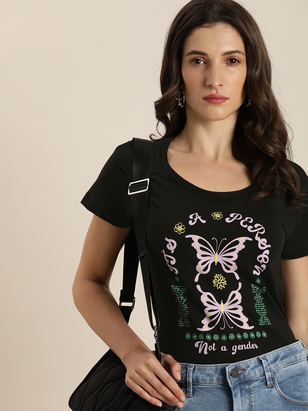 

Moda Rapido Women Black Graphic Printed Pure Cotton T-shirt