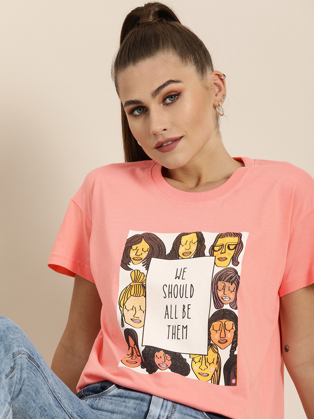 

Moda Rapido Women Peach-Coloured Printed Drop-Shoulder Sleeves T-shirt
