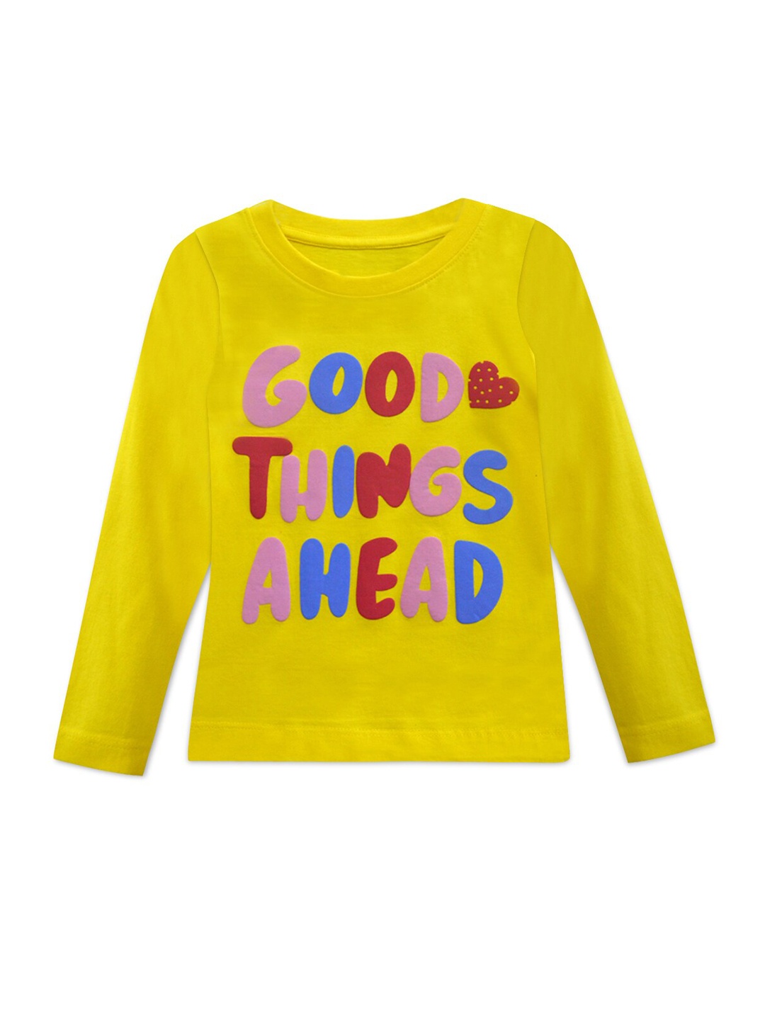 A T U N Girls Yellow Typography Printed Applique T-shirt