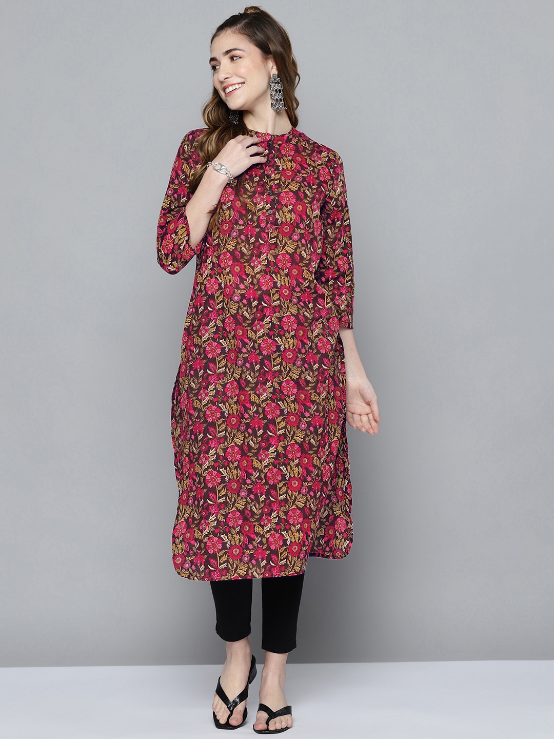 

HERE&NOW Women Brown & Pink Ethnic Motifs Printed Kurta