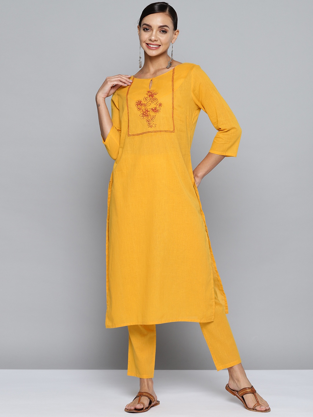 

HERE&NOW Women Mustard Yellow Embroidered Yoke Design Pure Cotton Kurta with Trousers