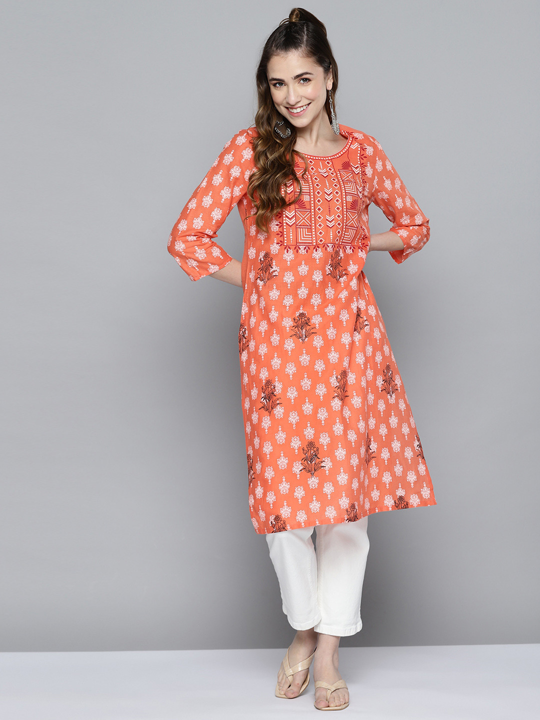 

HERE&NOW Women Orange & White Pure Cotton Ethnic Motifs Printed Kurta