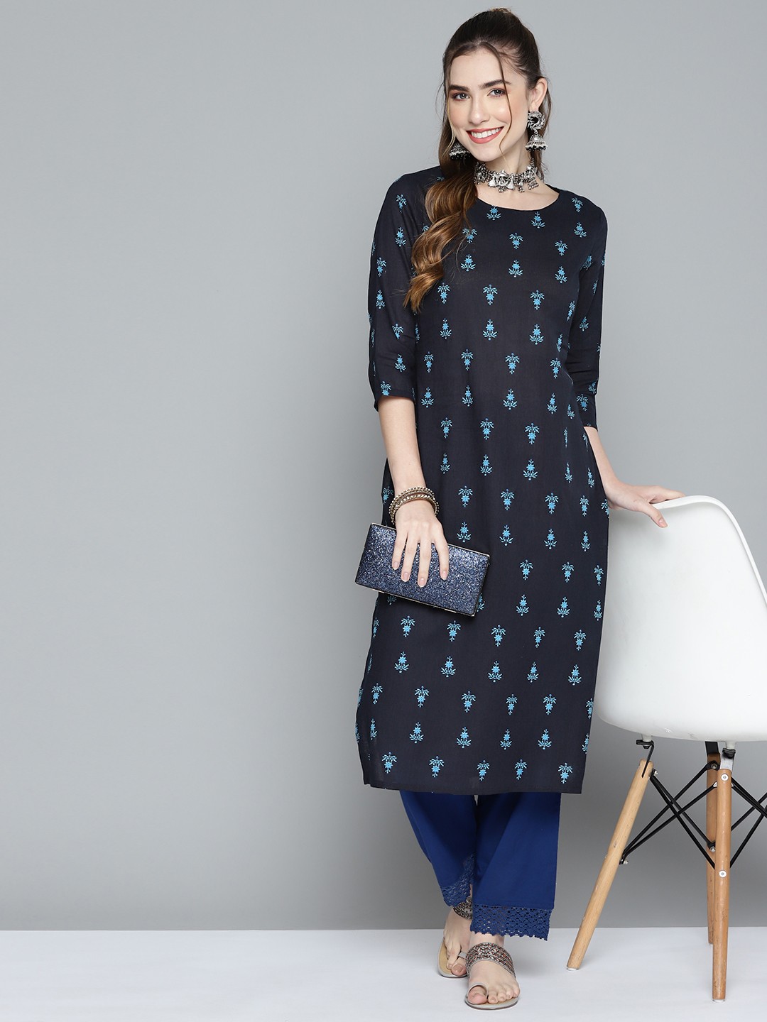 

HERE&NOW Women Navy Blue Pure Cotton Ethnic Motifs Print Kurta