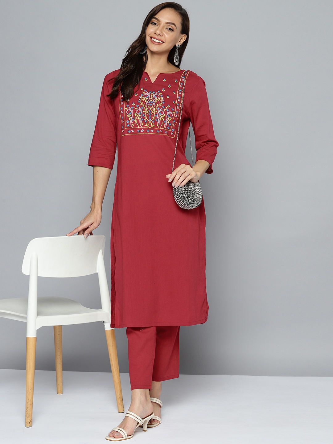 

HERE&NOW Women Maroon Yoke Embroidered Kurta with Palazzos