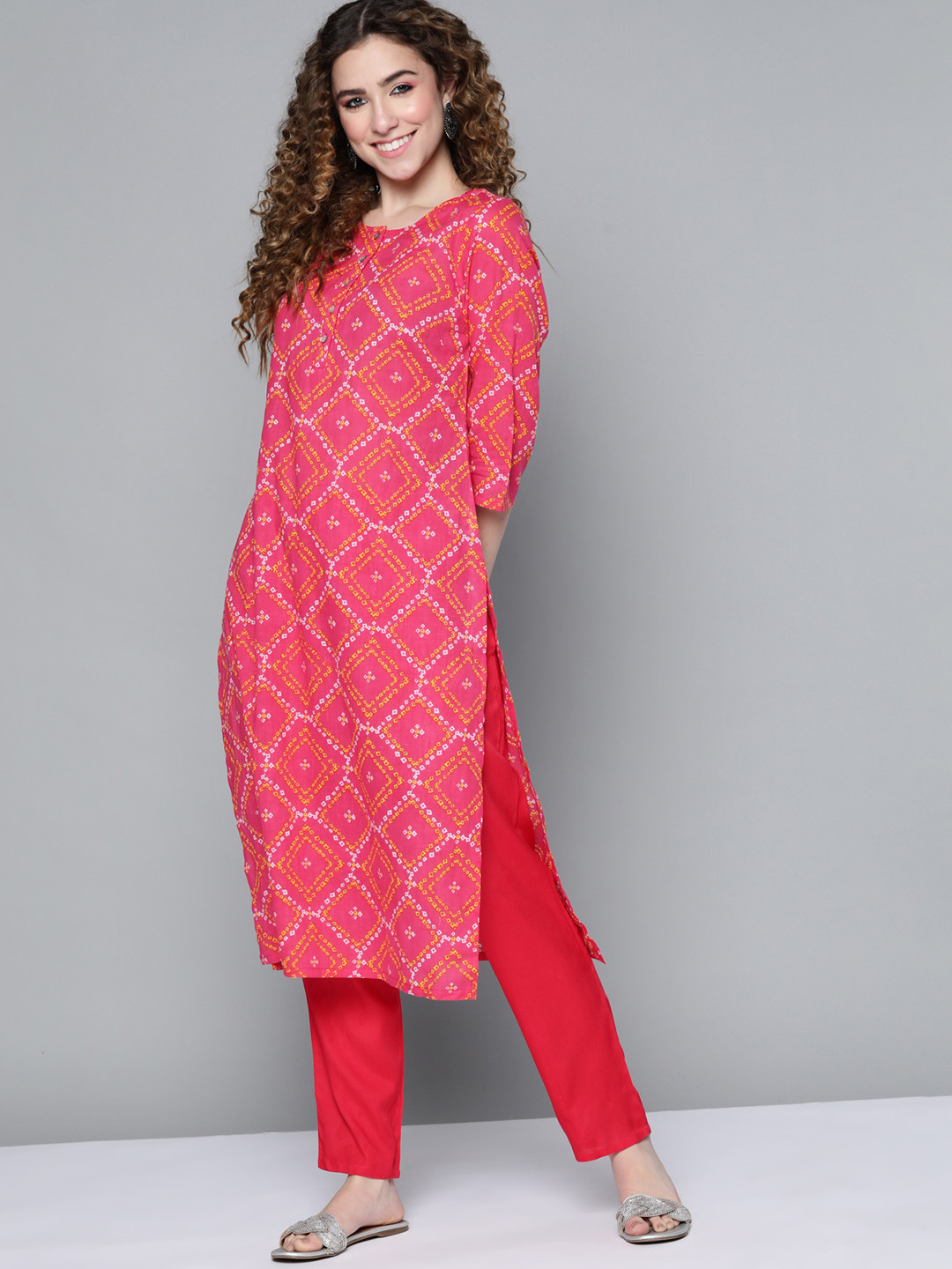 

HERE&NOW Women Pink & White Bandhani Printed Kurta