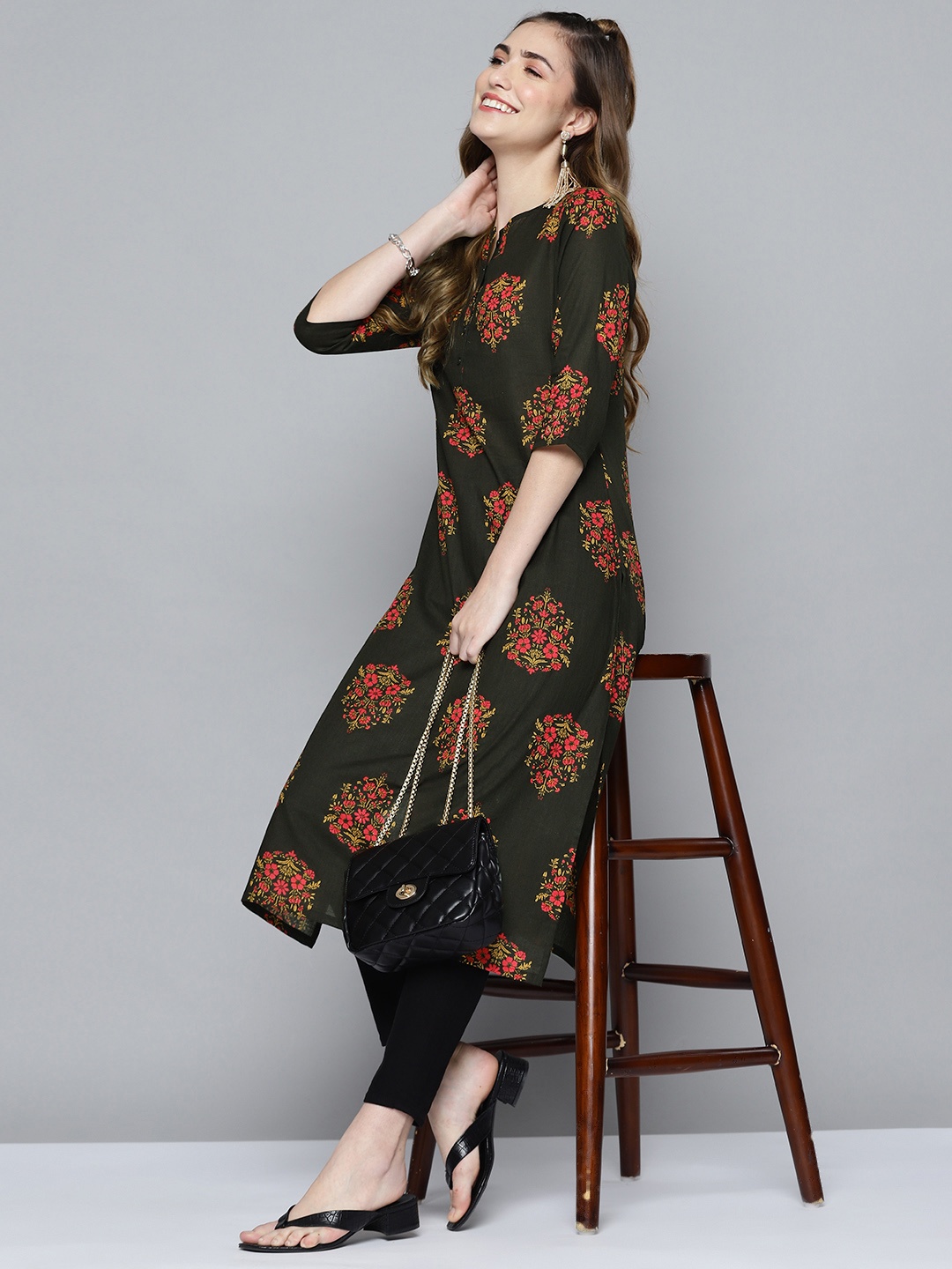 

HERE&NOW Women Olive Green & Pink Ethnic Motifs Printed Kurta