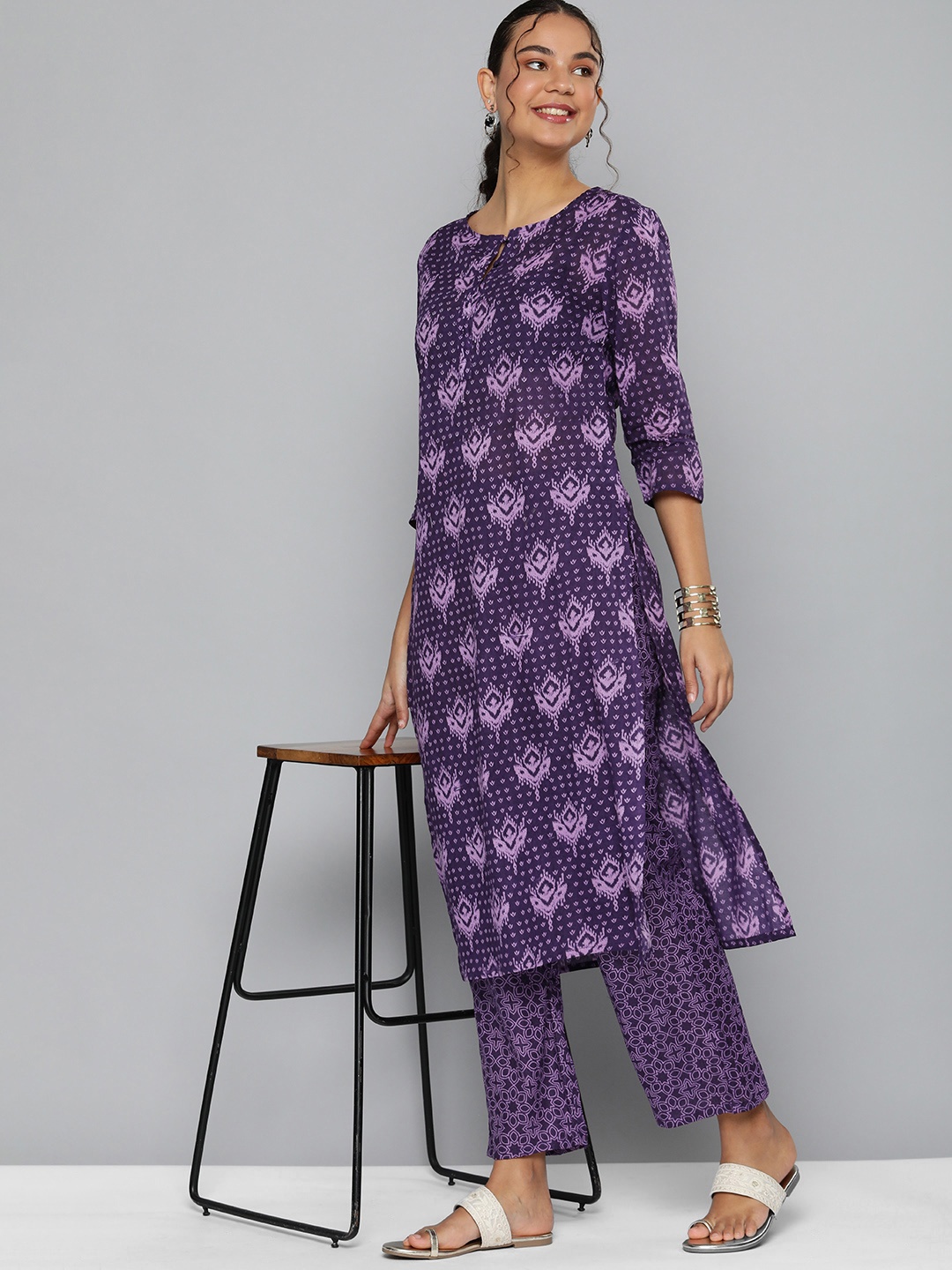 

HERE&NOW Women Purple Printed Pure Cotton Kurta with Trousers