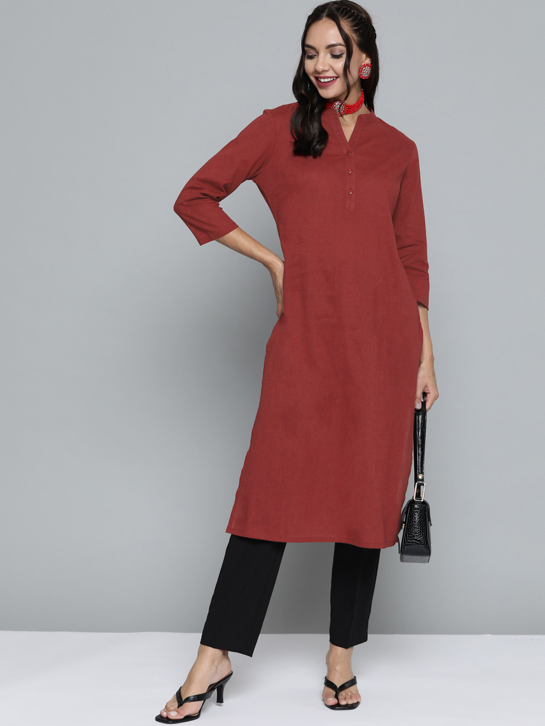 

HERE&NOW Women Maroon Pure Cotton Solid Straight Kurta