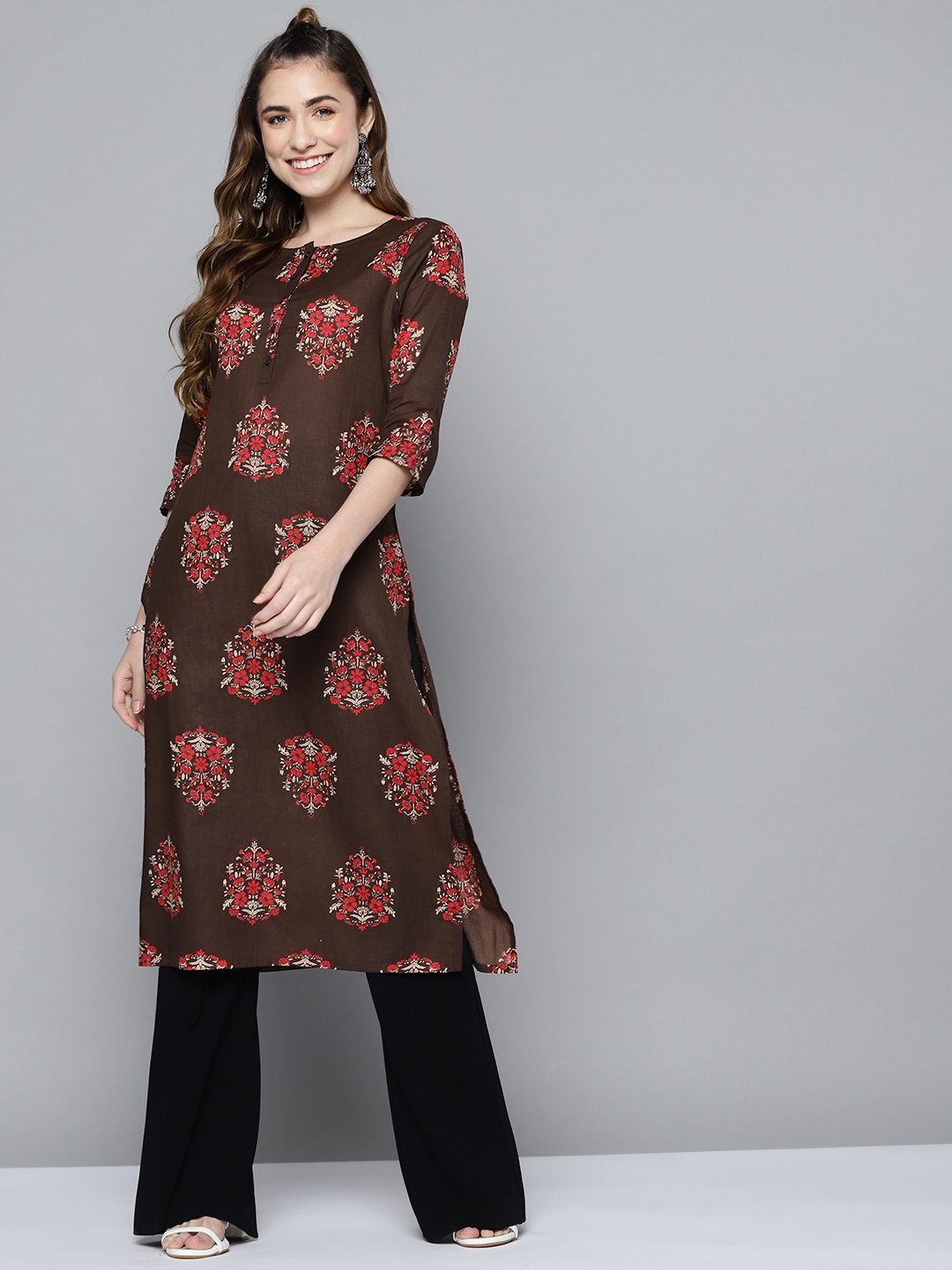 

HERE&NOW Women Ethnic Motifs Printed Kurta, Coffee brown