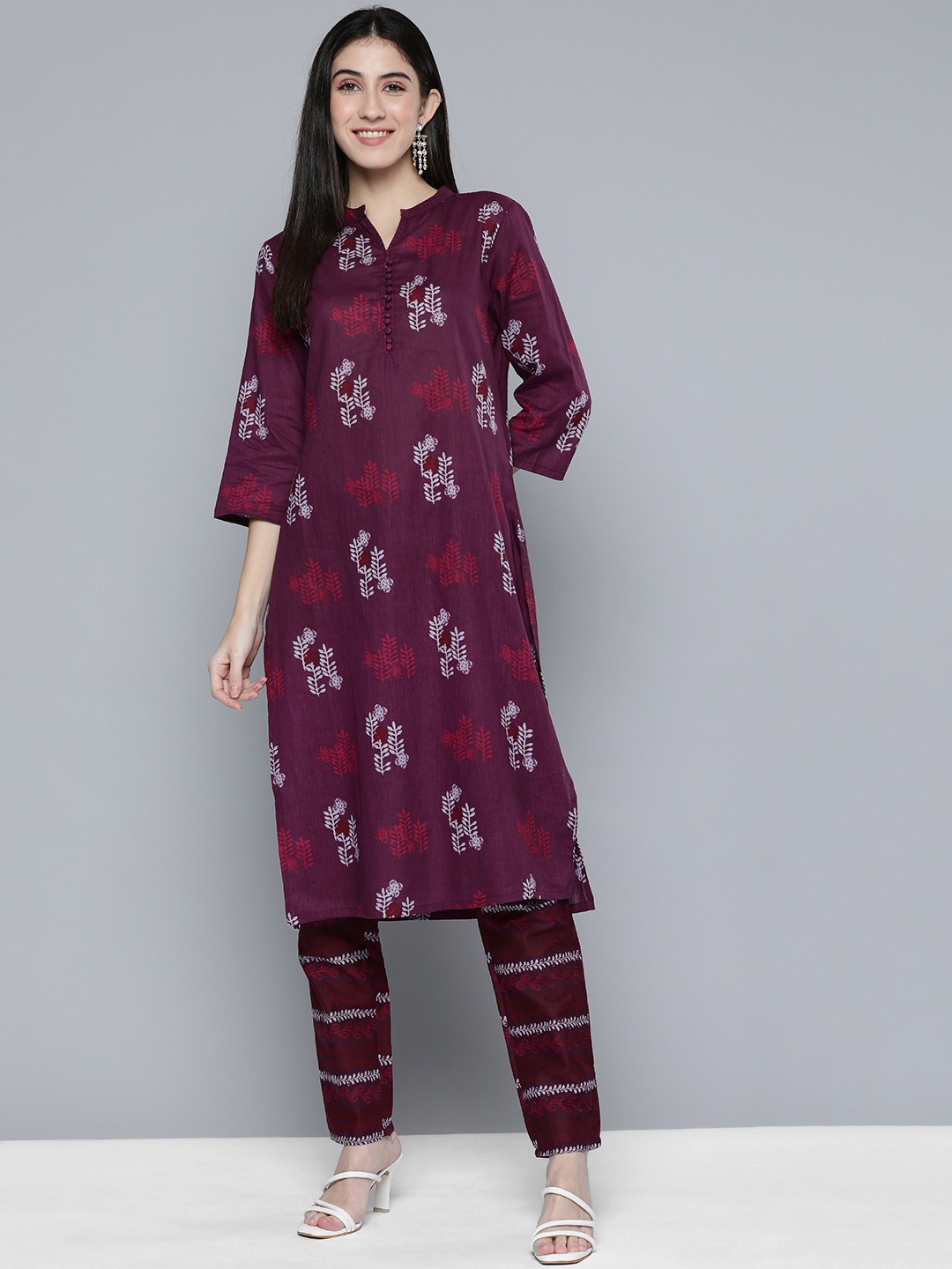 

HERE&NOW Women Ethnic Motifs Printed Pure Cotton Kurta with Trousers, Purple