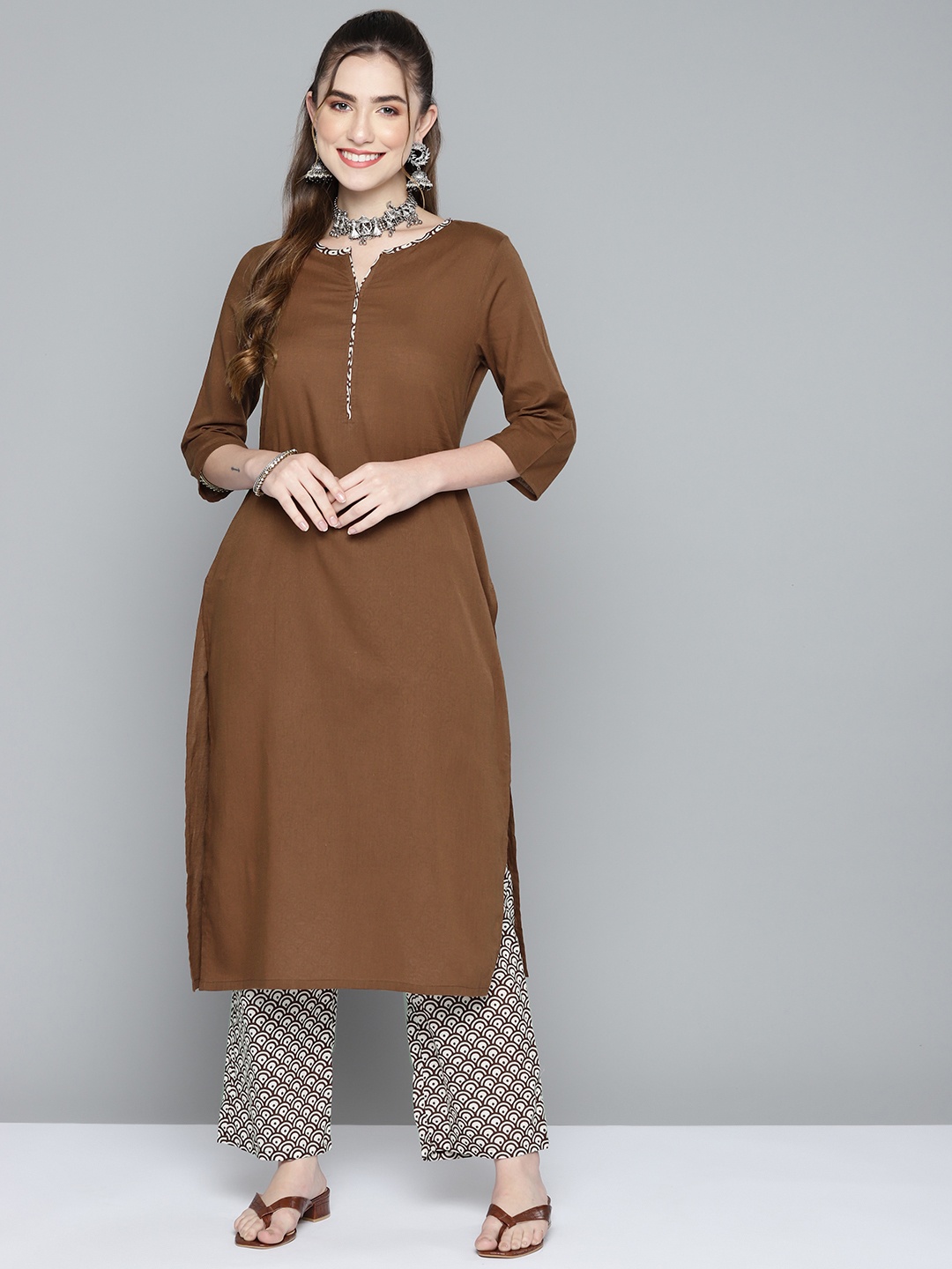 

HERE&NOW Women Brown Pure Cotton Solid Kurta with Palazzos