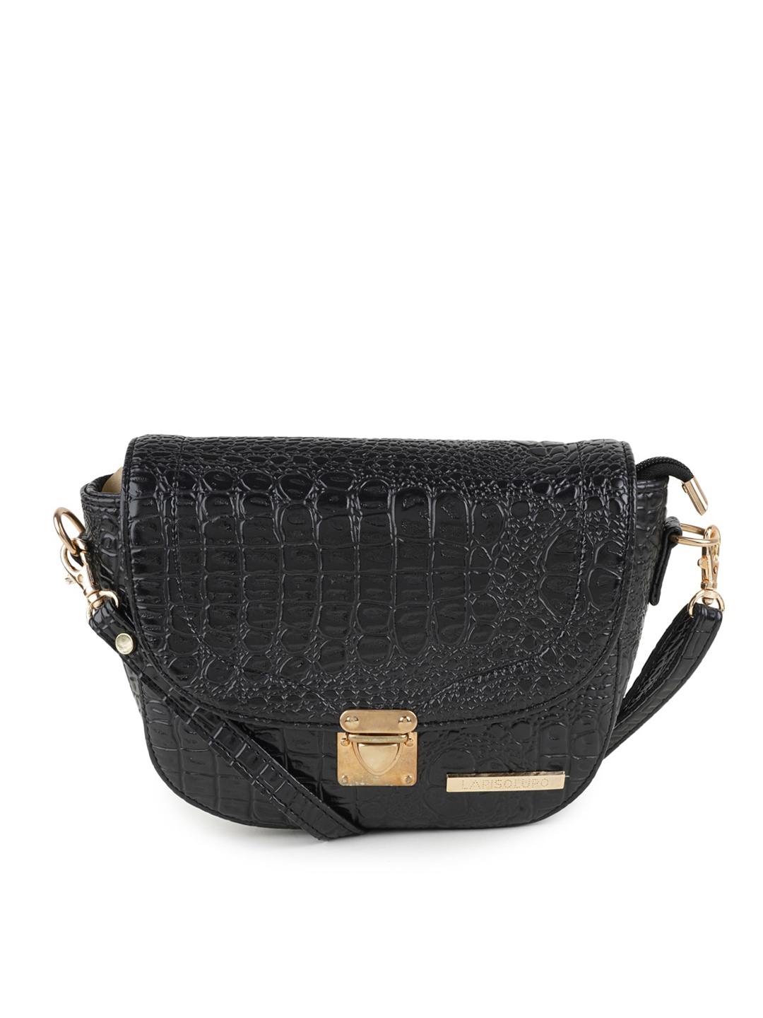 

Lapis O Lupo Black Textured Half Moon Sling Bag with Bow Detail